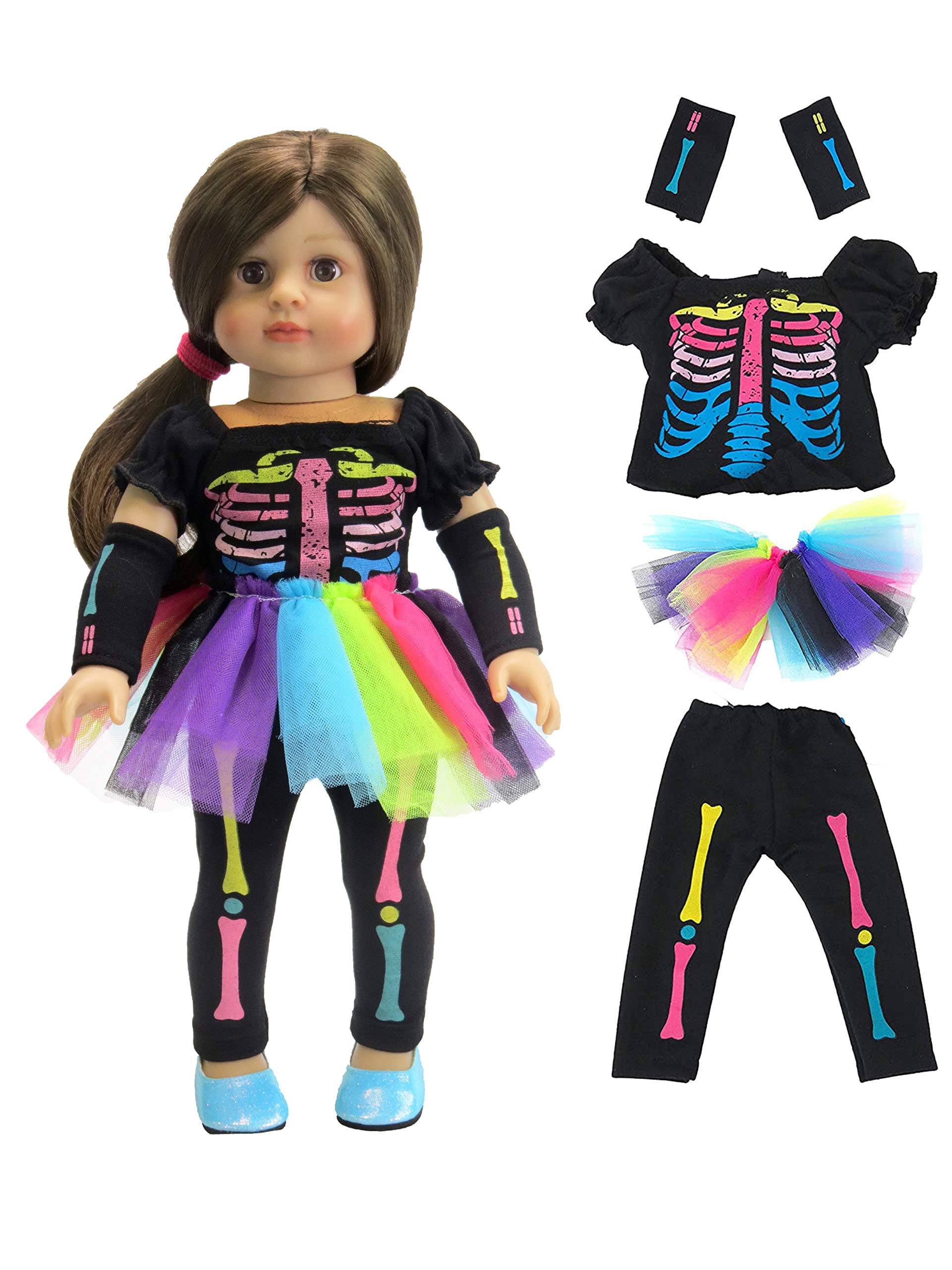 American Fashion World Electric Neon Skeleton Halloween Costume for 18-inch Dolls| Premium Quality & Trendy Design | Dolls Clothes | Outfit Fashions for Dolls for Popular Brands