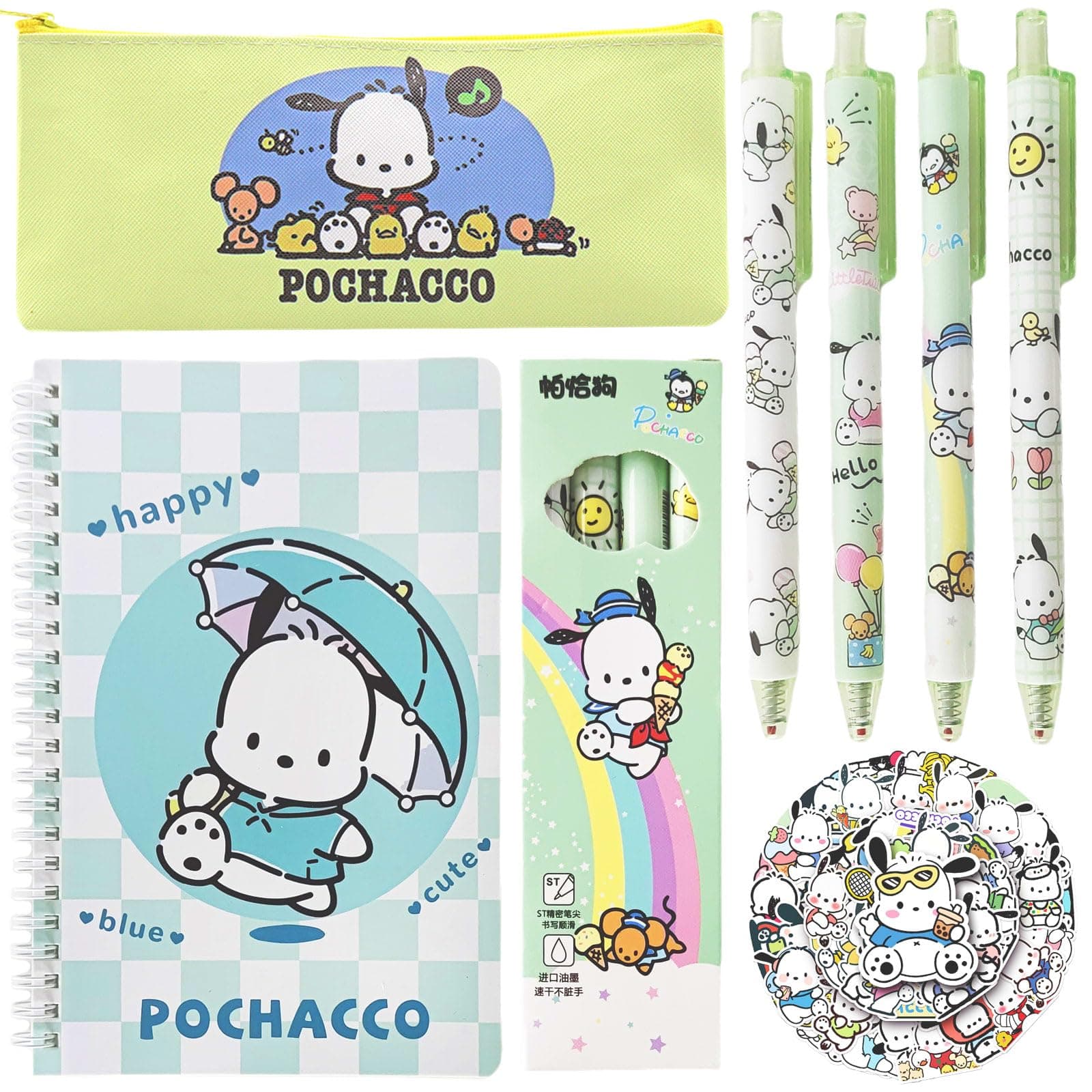 Koiswim Cute Pochacco School Supplies Set - Gel Pens, Journal Notebook, 50 Stickers, Pencil Cse, Kawaii Stationery Set, Back to School Gift, Green Pochacco