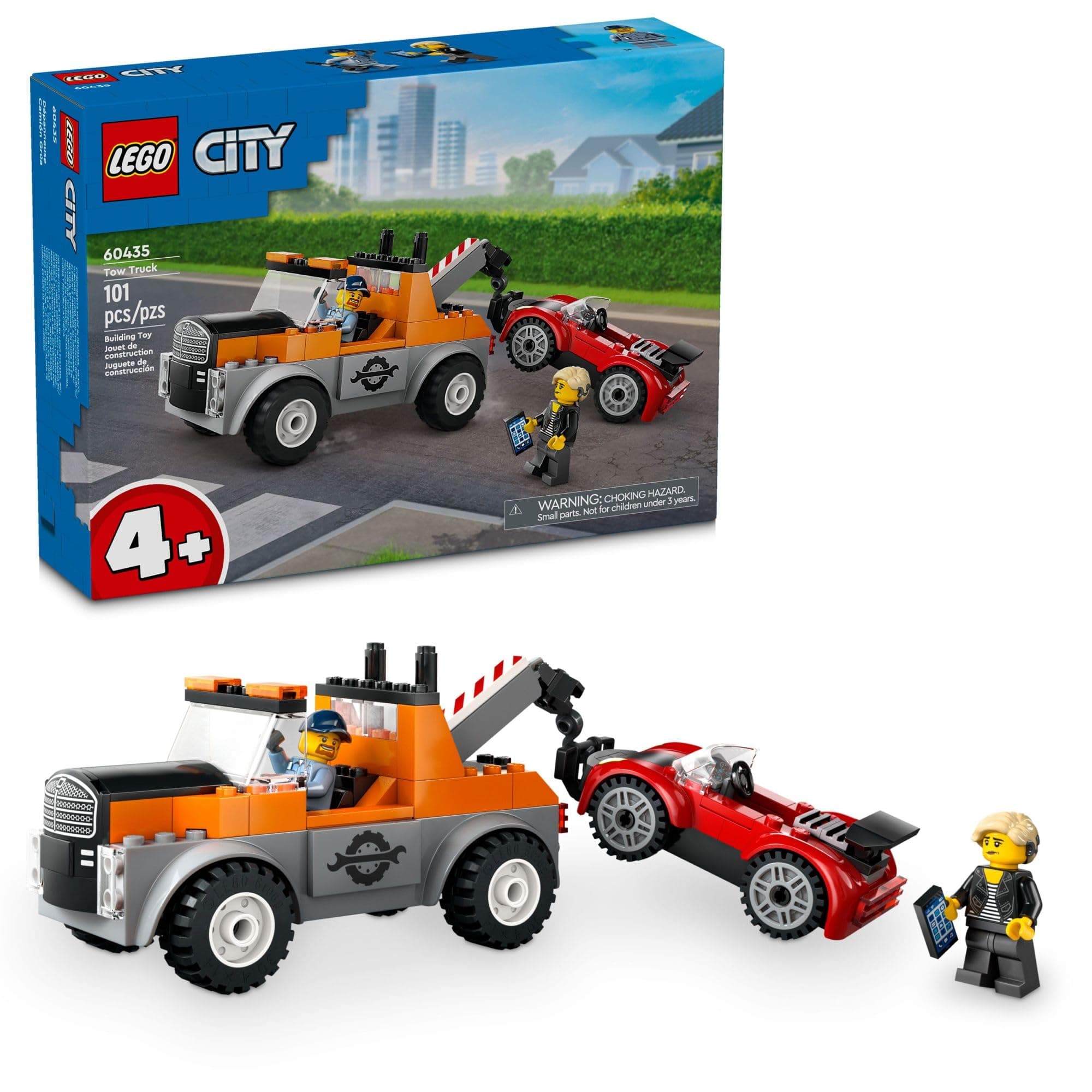 City Tow Truck and Sports Car Repair Building Set, Kids Gift Idea with 2 Minifigures and Accessories Including a Cochlear Implant, Pretend Play Tow Truck Toy for Boys & Girls Ages 4 and Up, 60435