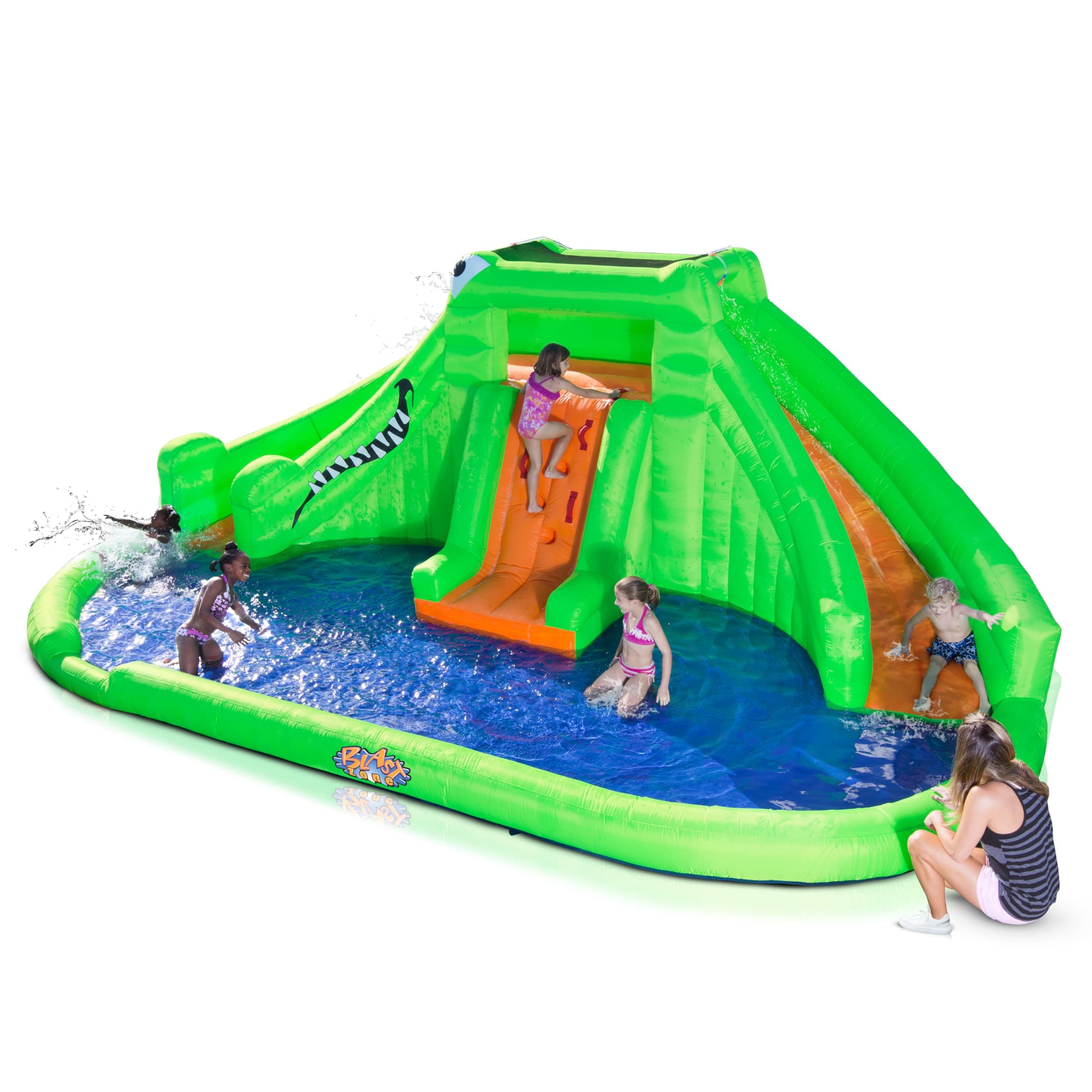 Crocodile Isle - Huge 22x14 Inflatable Water Park - Dual Curved Slides - Splash Area - Climbing Wall - Blower
