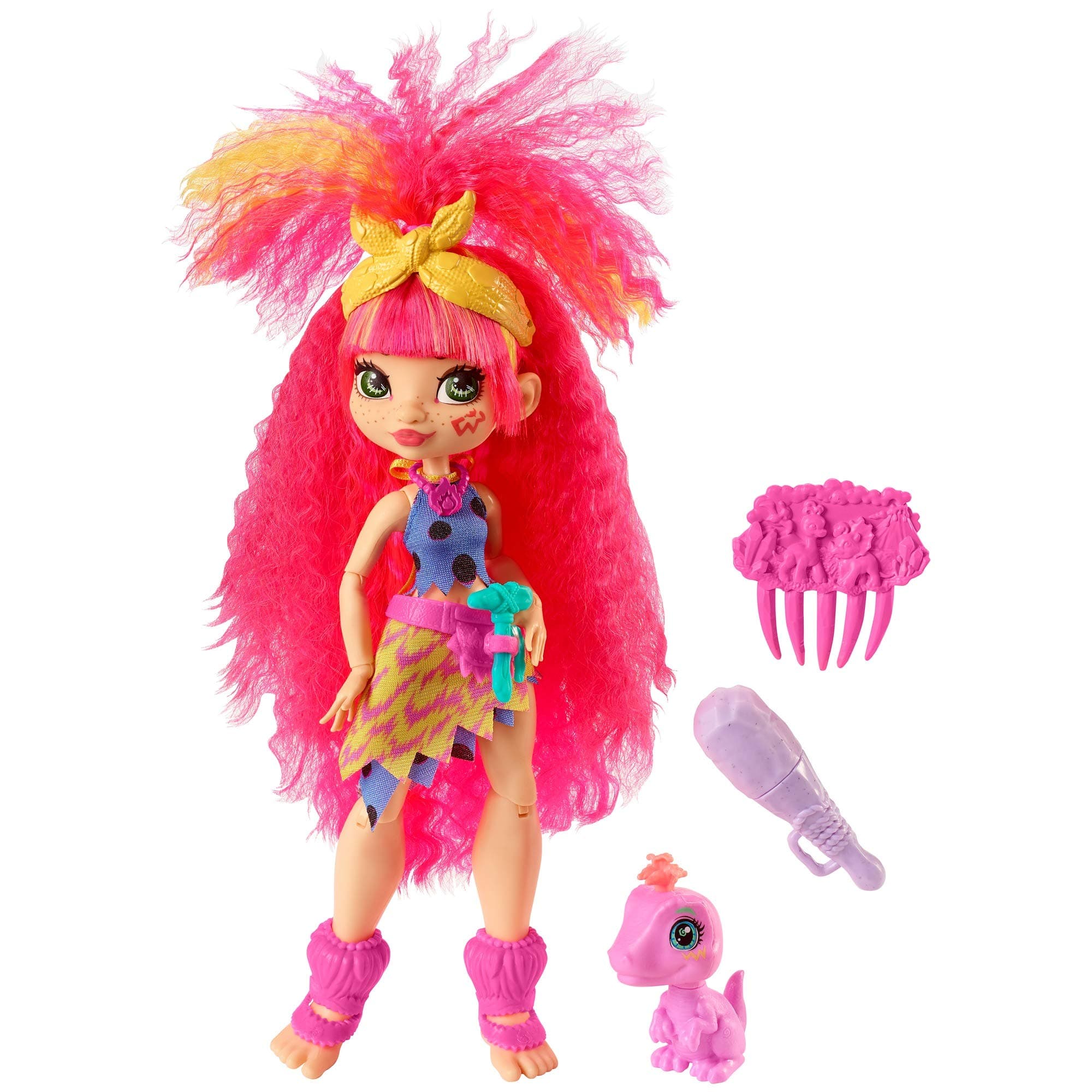 Cave Club Prehistoric Pink Hair Emberly Articulated Doll with Baby Dinosaur Figure and Accessories, Toy for Child, GNL83