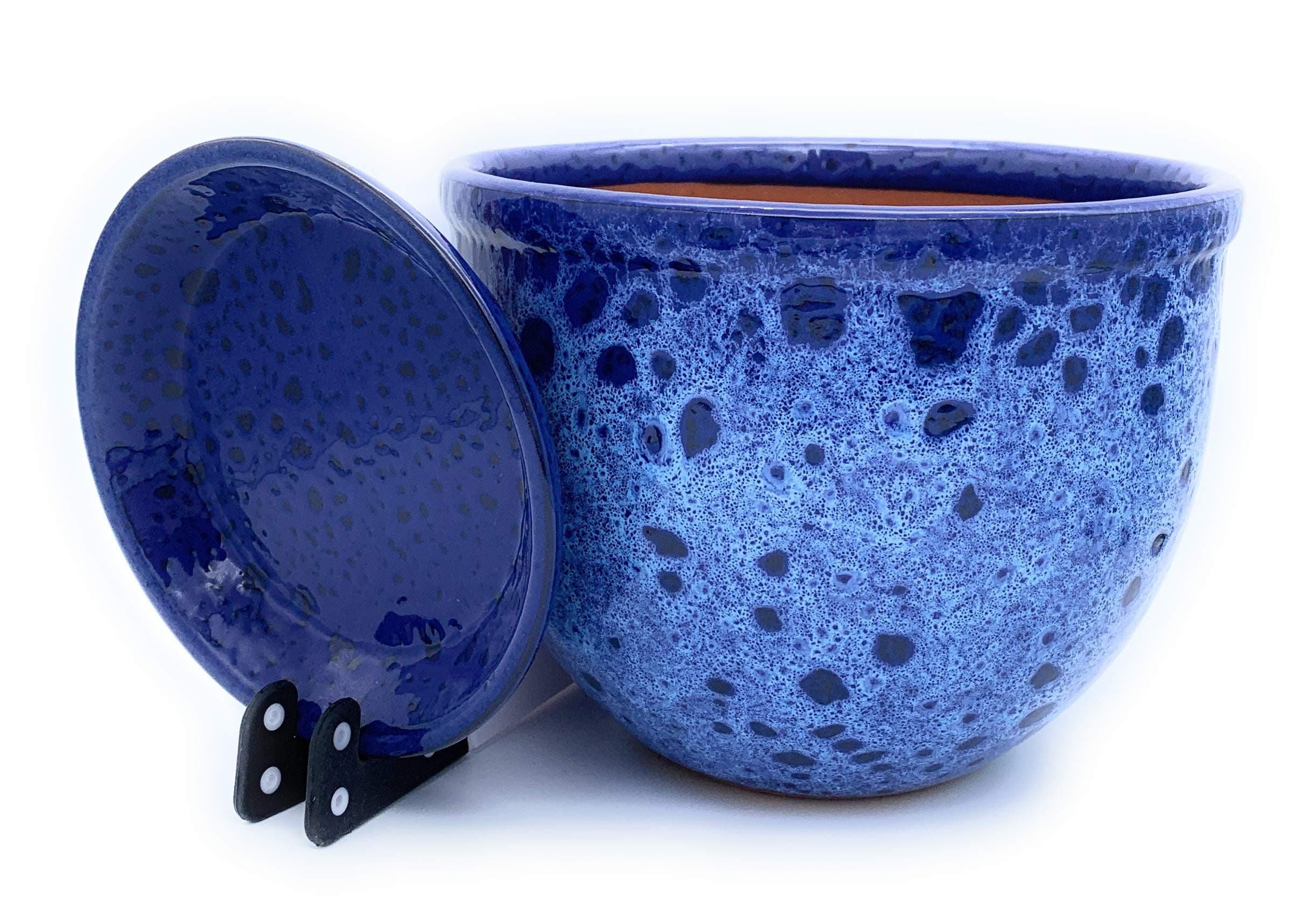 Sun Cakes Ceramic Plant Pot Glazed with Saucer Round Terracotta with Drip Tray Flower Pot Clay Coloured Flower Pot Sea Foam (23cm x17cm, Blue)