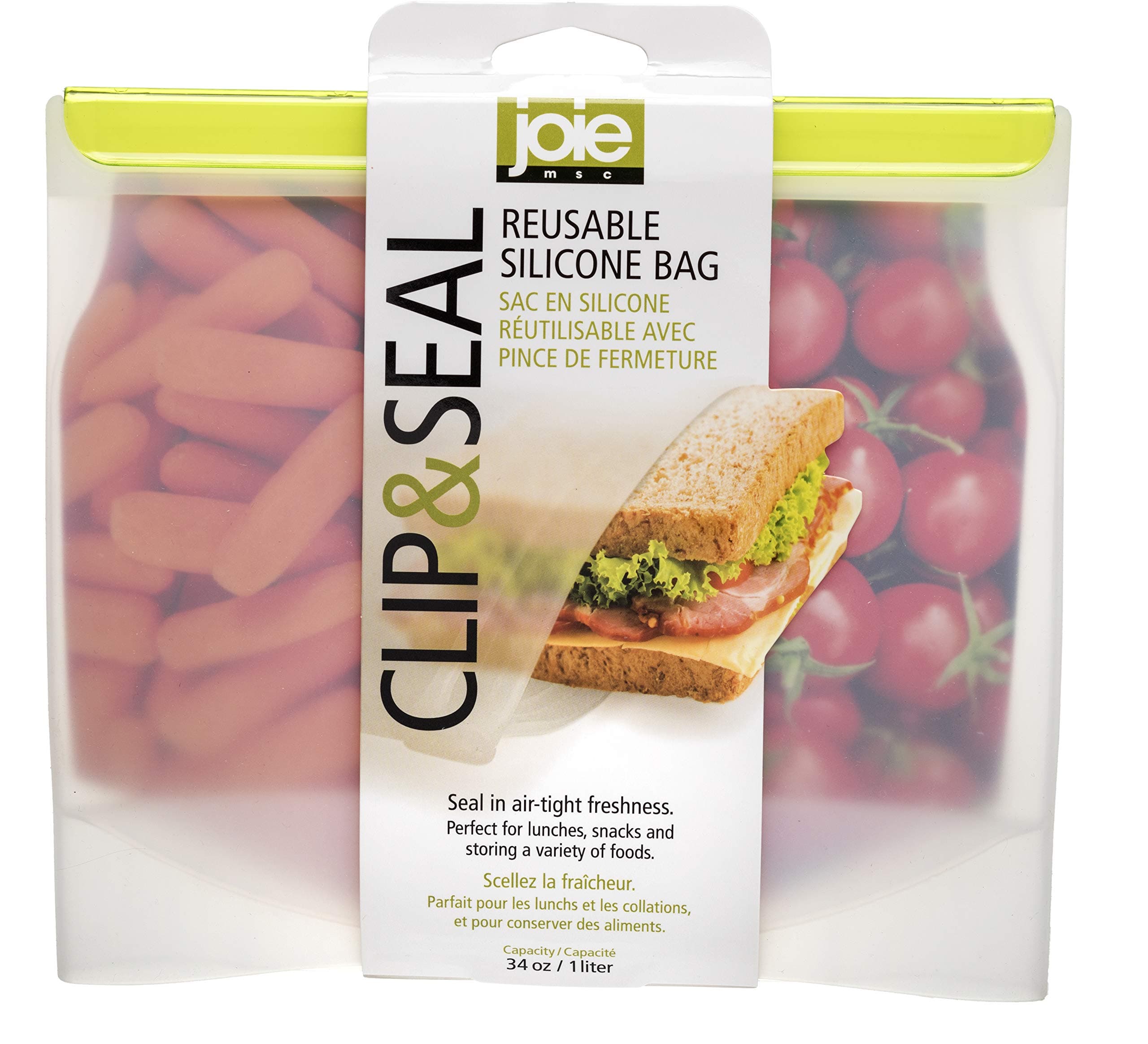 JoieMSC International Clip and Seal Reusable Silicone Food Storage Bag, 34-Ounce (1Liter) Capacity, Assorted Colors, Green, one Size, 29148