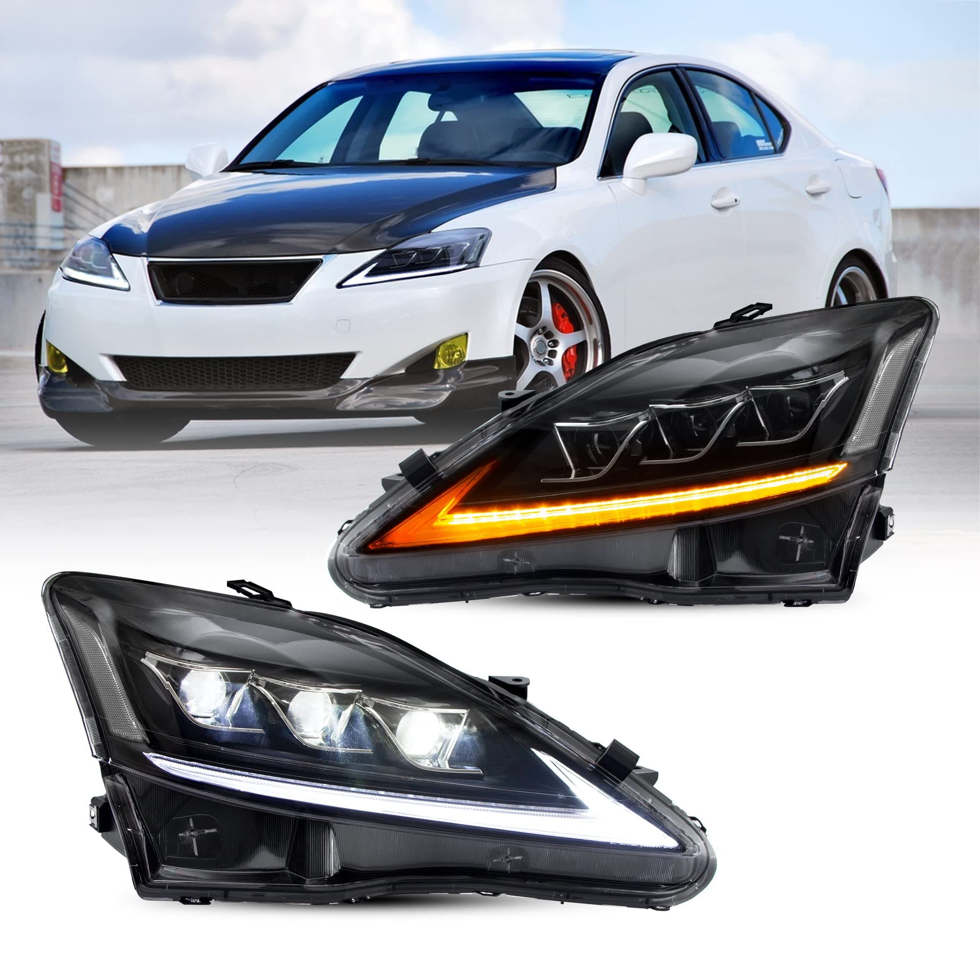 VLAND - Headlights Fit For Lexus IS250 IS350 2006-2012 IS220d IS F 2008-2014, Black Bezel Halo Projector DRL Daylight LED Strip Headlights Replacement Pair,Clear