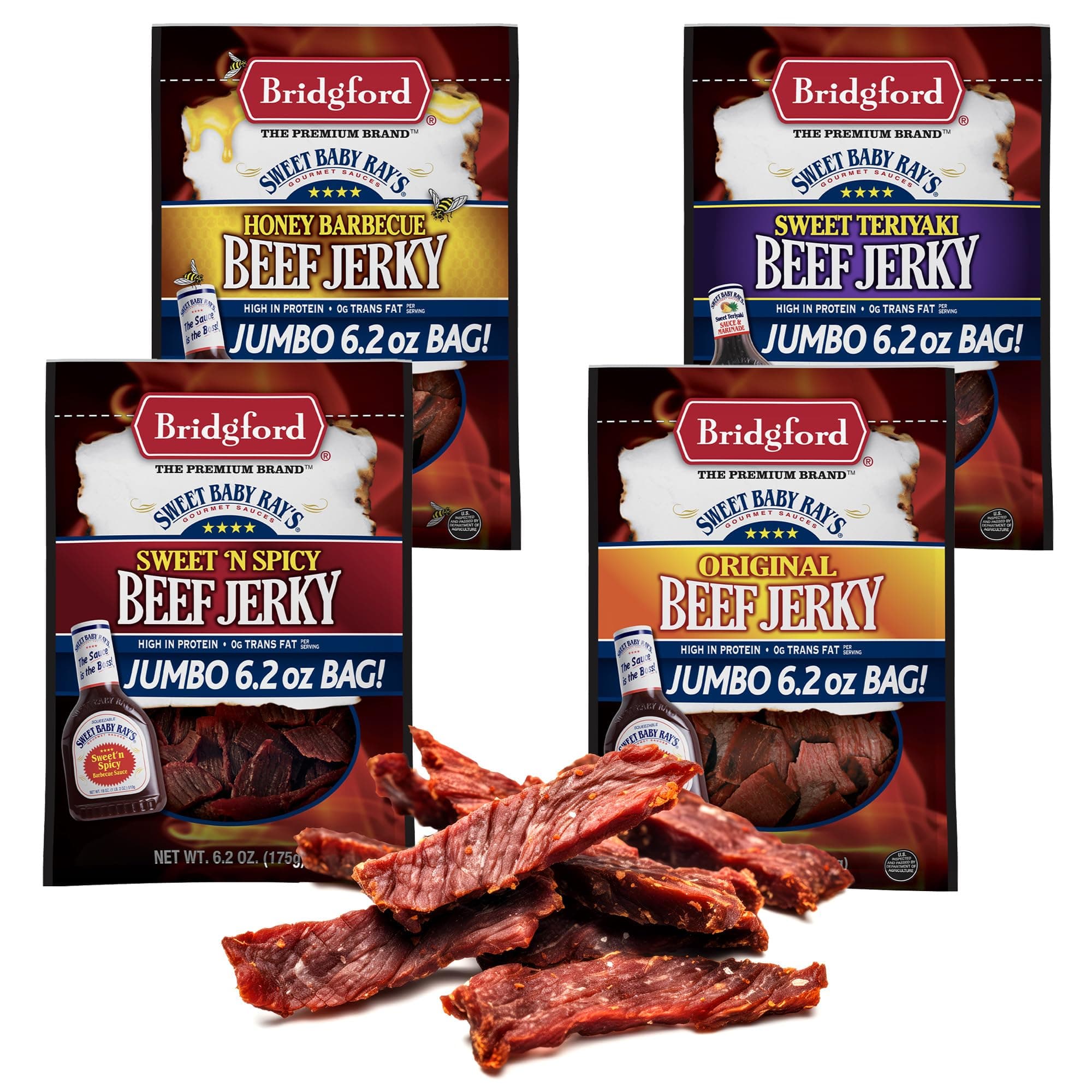 Bridgford Sweet Baby Ray's High Protein Beef Jerky, Low Carb Snack, Low Calorie, Keto Friendly, Jerky Variety Pack (Original, Teriyaki, Honey BBQ, Sweet N Spicy) 6.2 Oz, Pack of 4