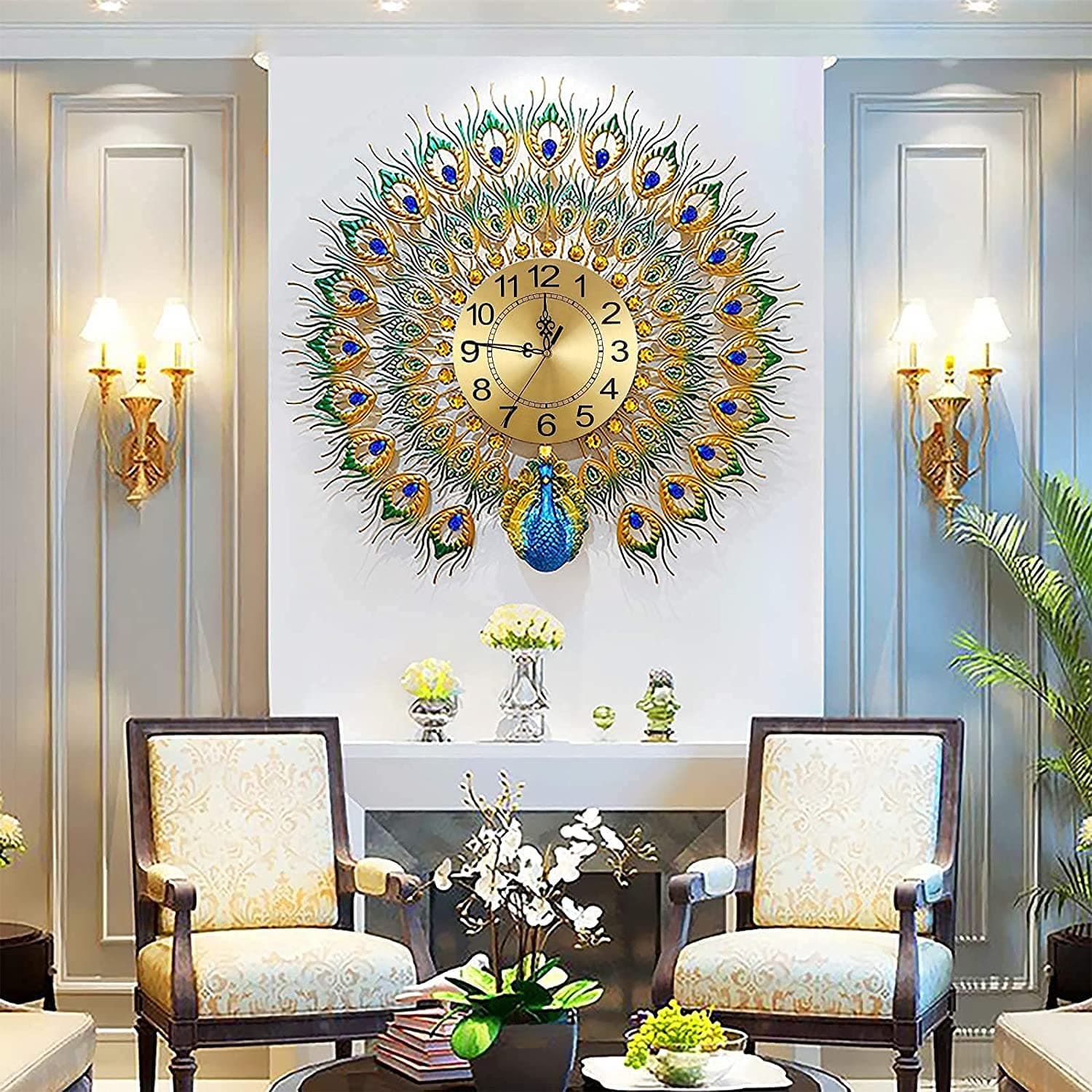 Peacock Wall Clock,Home Decor Crystal Deluxe Living Room Clock,Art Decor Wall Clock,Mute Wall Clock Wall Decoration || Multicolor - Metal, 70 Cm