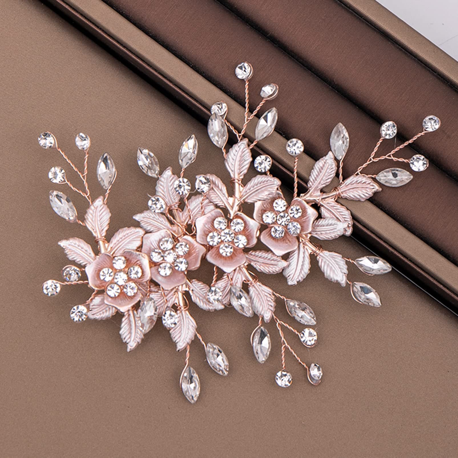 Wedding Hair Clip Hair Accessories for Women Handmade Flower Rose Gold Rhinestone Headpiece Hair Pins for Bridal Bridesmaid Girls (Rose Gold)
