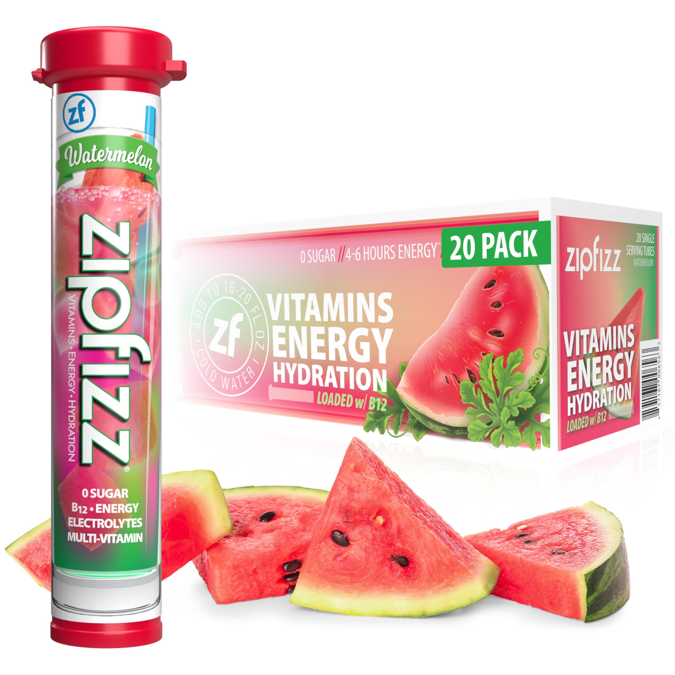 - Zipfizz Daily Energy Drink Powder, Watermelon, 20 Pack | 3-in-1 Sustained Energy, Rapid Hydration, and Essential Vitamins | Sugar-Free | Electrolyte Powder | Contains Vitamin B-12 & Antioxidants