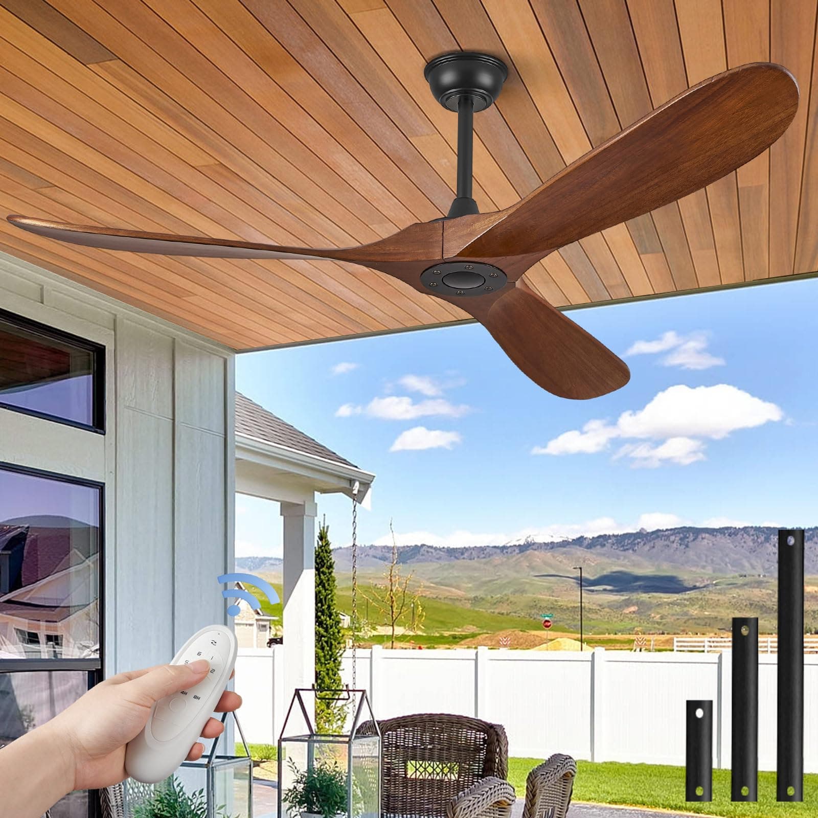 ABZ 52" Solid Wood Ceiling Fan, Outdoor, 3 Blade, No Light, Walnut, for Patio Living Room Bedroom Porch, Remote Control, Water Resistant