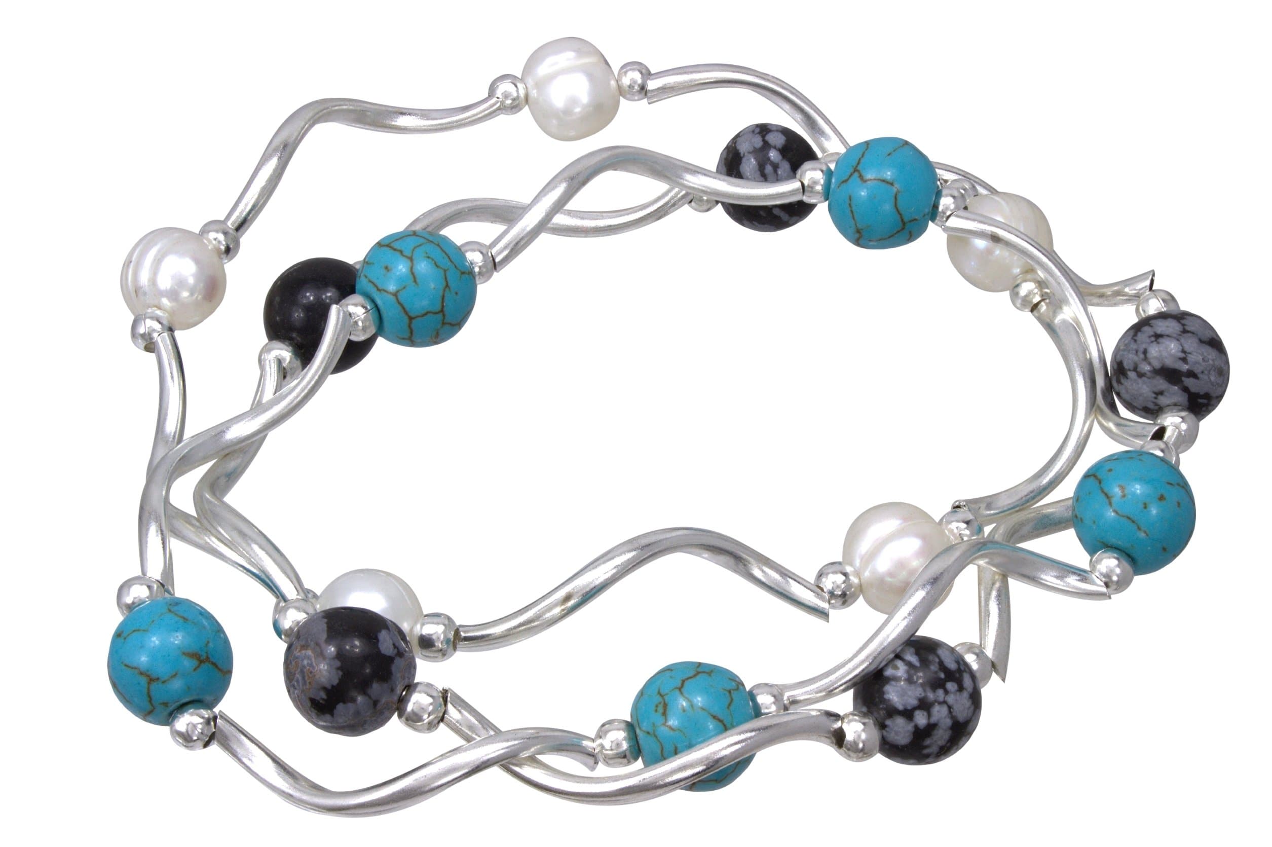 My Fun Colors - Bundle of 3 Fashion Bling Stackable Colored Bracelet (Color - Snowflake Obsidian White Pearl Turquoise Howlite)