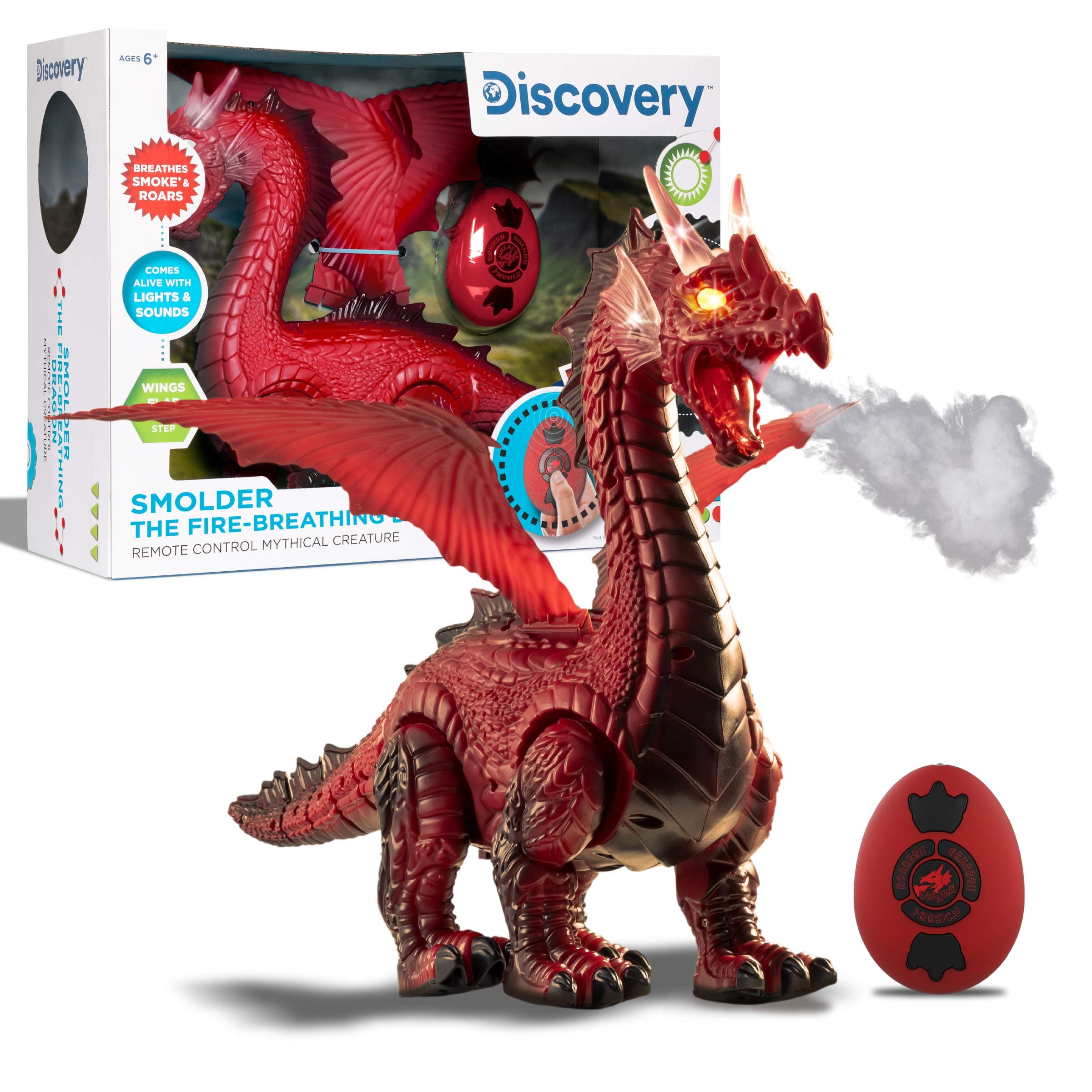 Discovery Kids RC Dragon Smoke, Large Dinosaur Toy w/Actual Smoke Breath, Wing-Flapping, Roaring, Light-Up, Realistic Sound, Easy to Use Remote Control, Fire Mist, Fun Robot Birthday & Christmas Gift