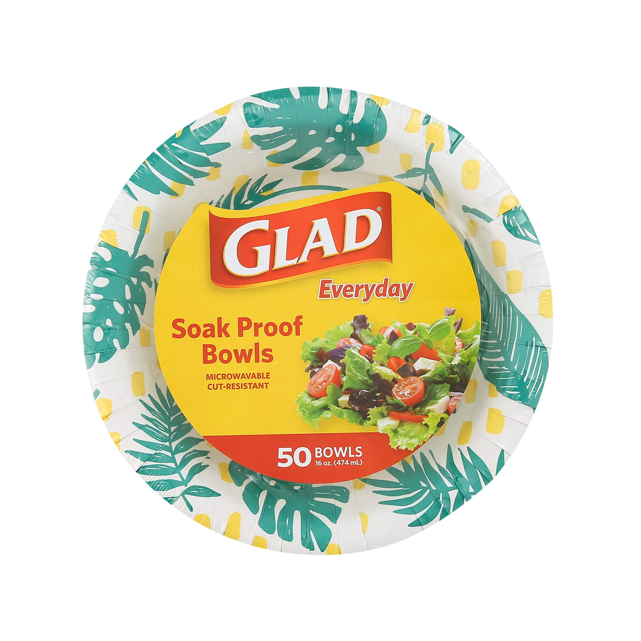 Glad Soak-Proof Palm Leaves Paper Bowls, Heavy-Duty Round Disposable Bowls for Soup, Salad and Snacks, Cut-Resistant and Microwave Safe for Daily Meals, Picnics and Parties, 16 Ounce, 50 Count