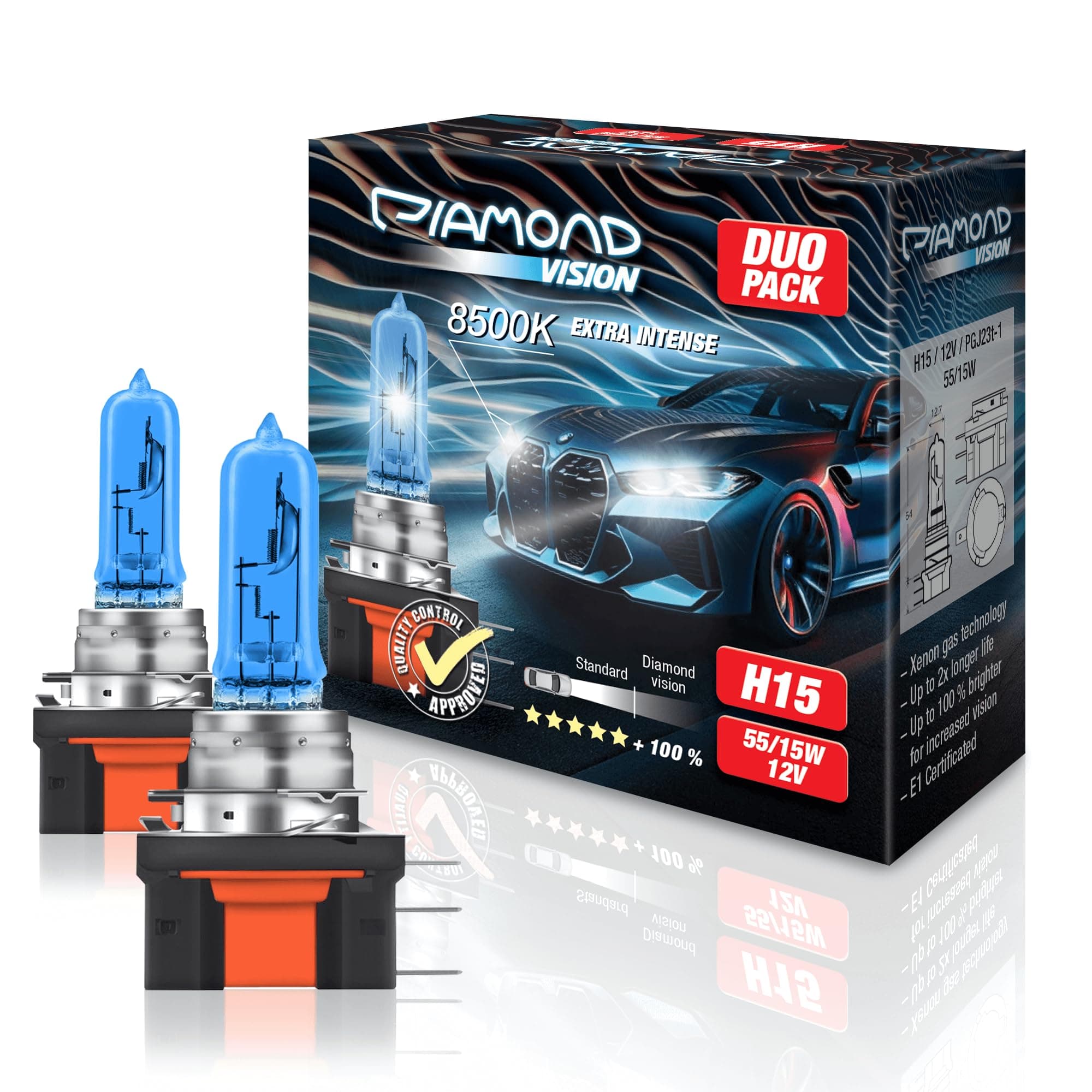 Diamond Vision,PGJ23t-1, Halogen Lamps/Bulbs/Light, 2 x H15, 12V 55/15W, Xenon Look Effect, Look, Super White, 8500k, Dipped Headlights, (Cool) White, (Light) White Vision, Motorcycle, Duobox