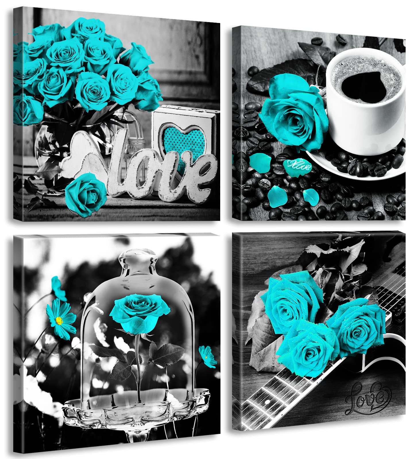 DJSYLIFE Teal Rose Wall Art Decor for Bedroom Turquoise Flowers Canvas Artwork Modern Plant Poster Paintings Decorations 12" W x 12" H 4 Pieces