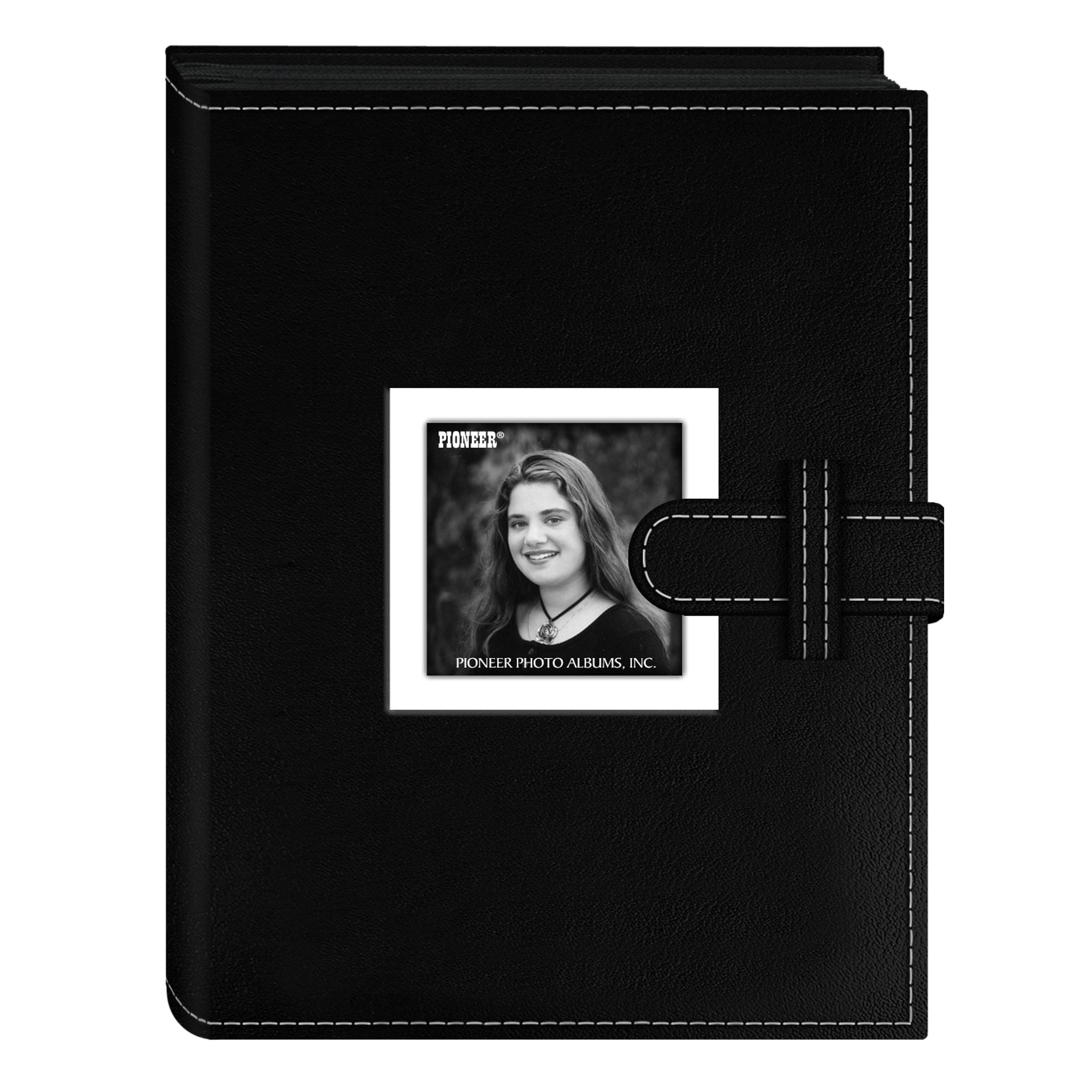 Pioneer Photo Albums 24 Pocket Sewn Leatherette Frame Cover Album with Strap Closure for 4 by 6-Inch Prints, Black