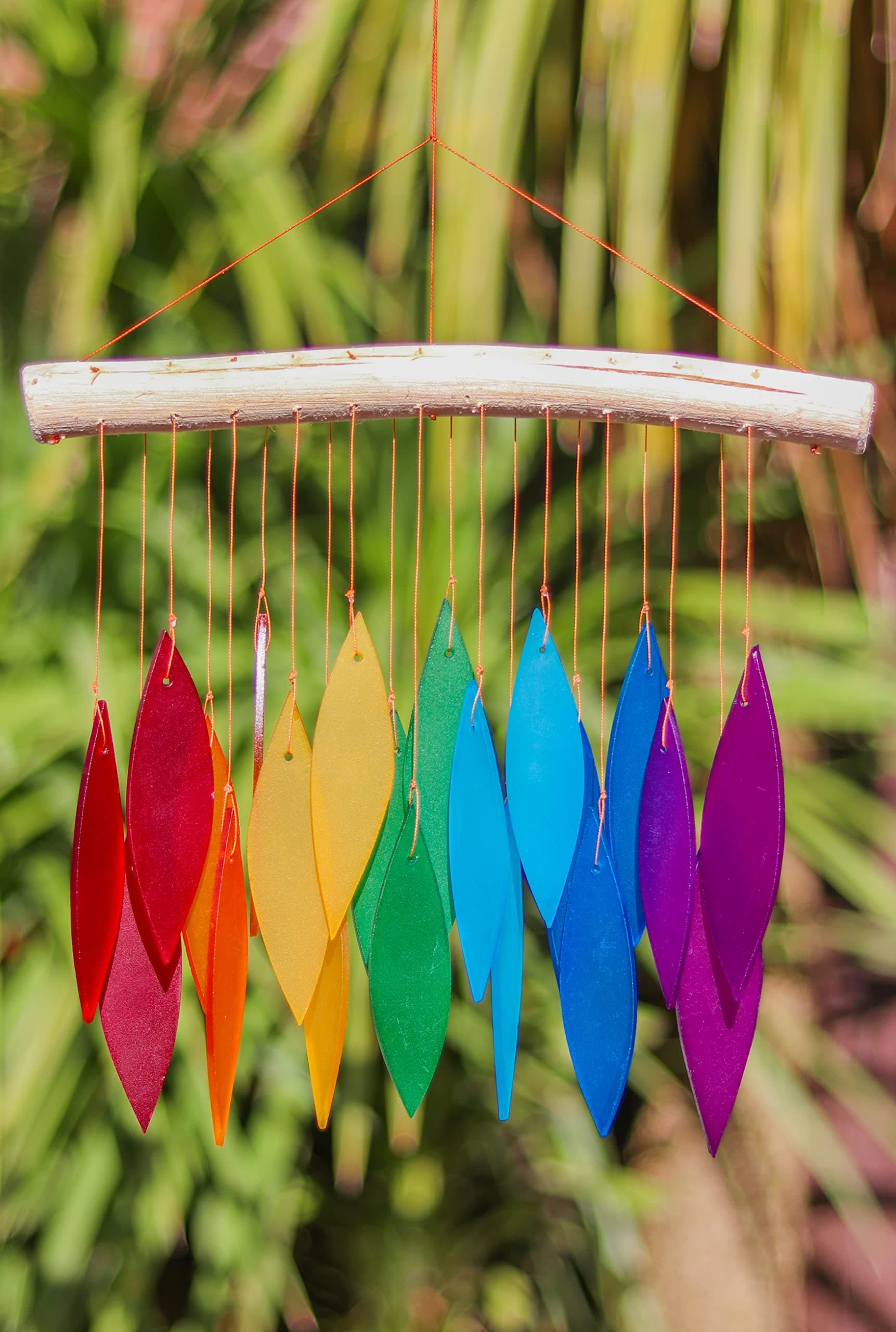 Glass Wind Chime - Straight Leaves in Rainbow - 100% Fair Trade - Handmade from Recycled Materials