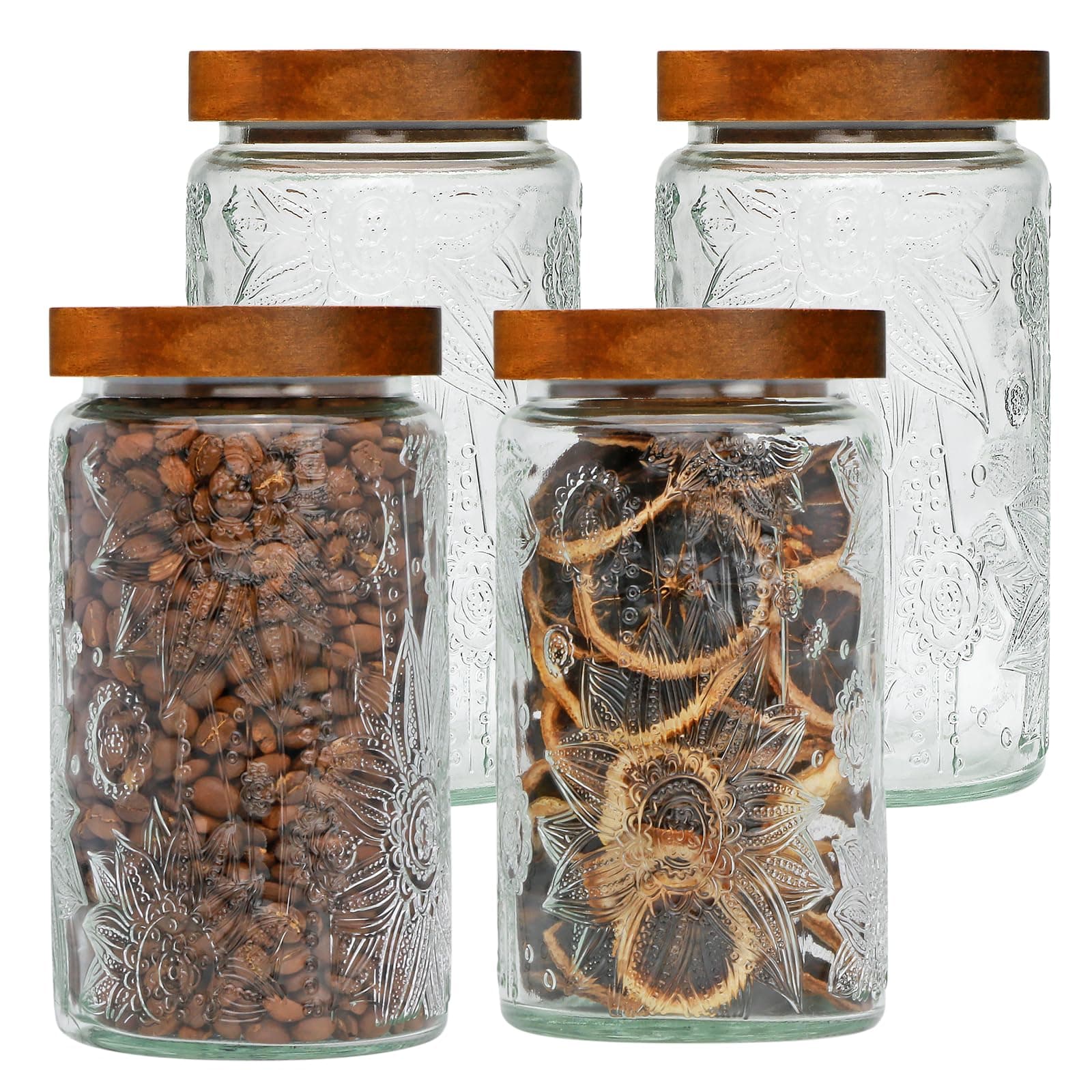 Brajttt Glass Jars - Set of 4 Airtight Storage Jars with Wooden Lids, 33oz Each - Perfect for Kitchen Counter, Pantry, Coffee, Tea, Sugar, Cookie, Candy