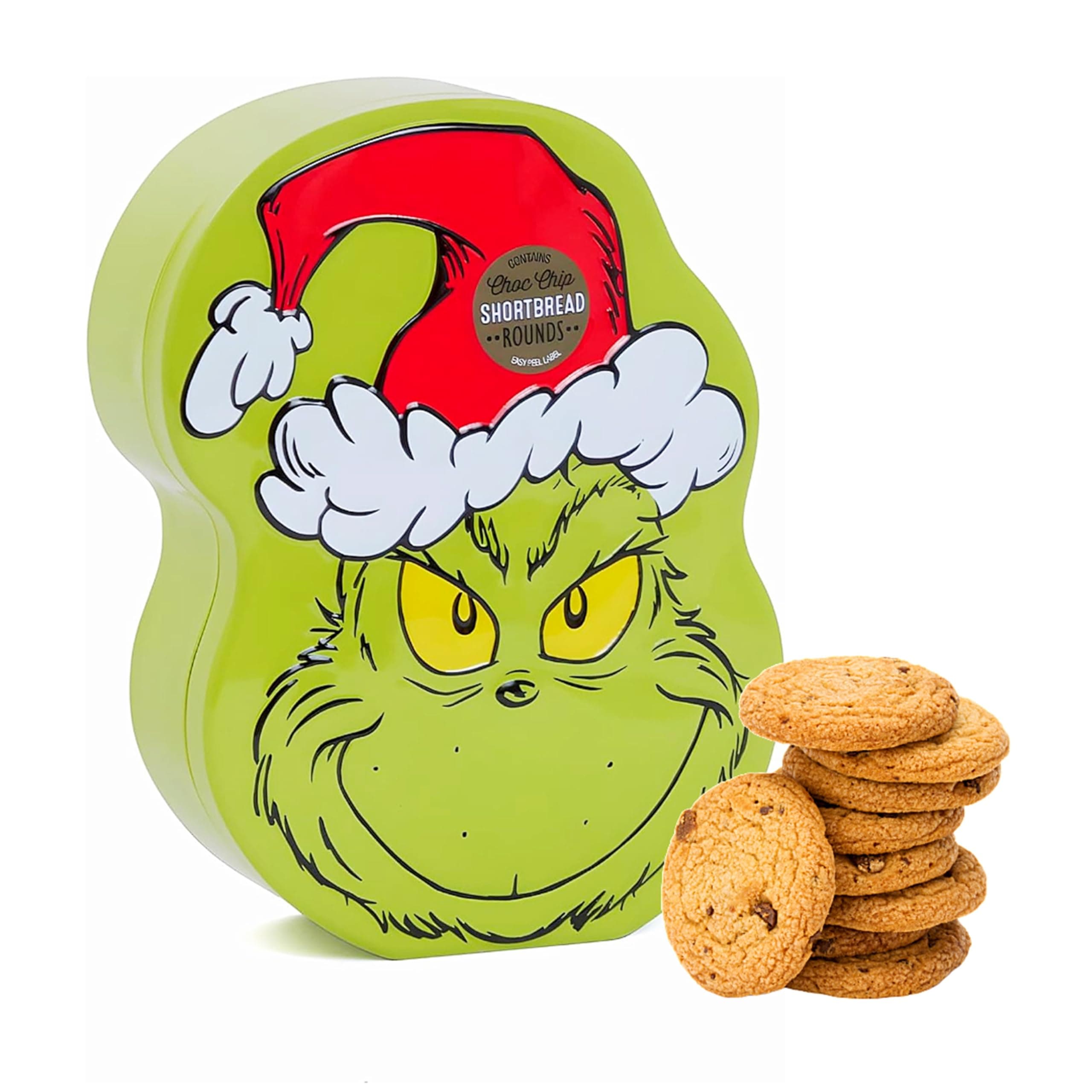 The Grinch Biscuit Tin Gift Set - Adorable Grinch Face Metal Tin with Choc Chip Shortbread Biscuits 150g Wonderful Biscuits Gift Set with Topline Card for Christmas Gifts, Stocking Fillers.