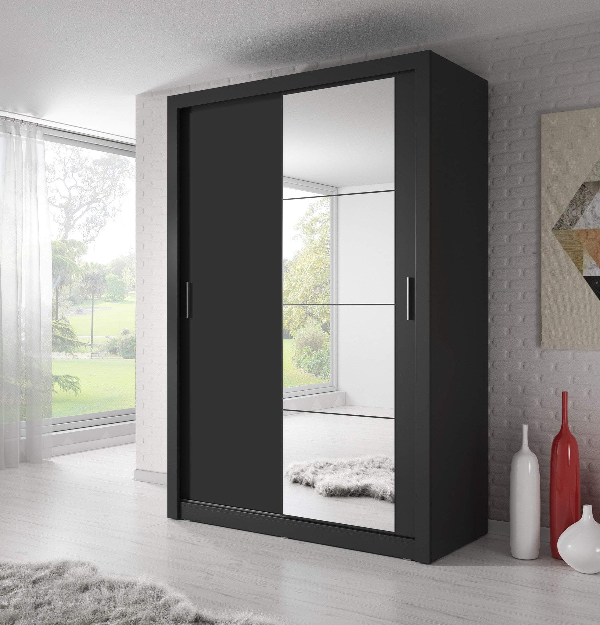 Arthauss Modern Bedroom Mirrored Sliding Door Wardrobe ARTI 4 in Black Matt 150cm - Elegant Flat Pack Wardrobe with Spacious Storage, Customisable Interior Layout, Ideal for Modern Bedrooms