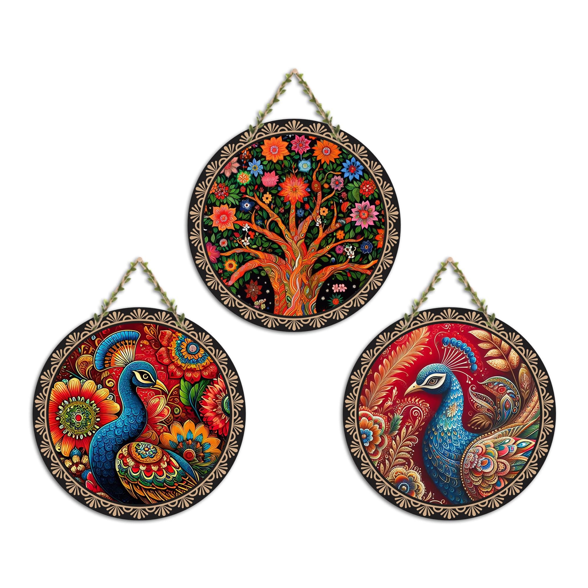 Artvibes Peacock Art Round Shape MDF Wooden Wall Decor Items Home Accent Scenery for Drawing Room Print Door Hanging Unique Gift (wh9904n), Set of 3