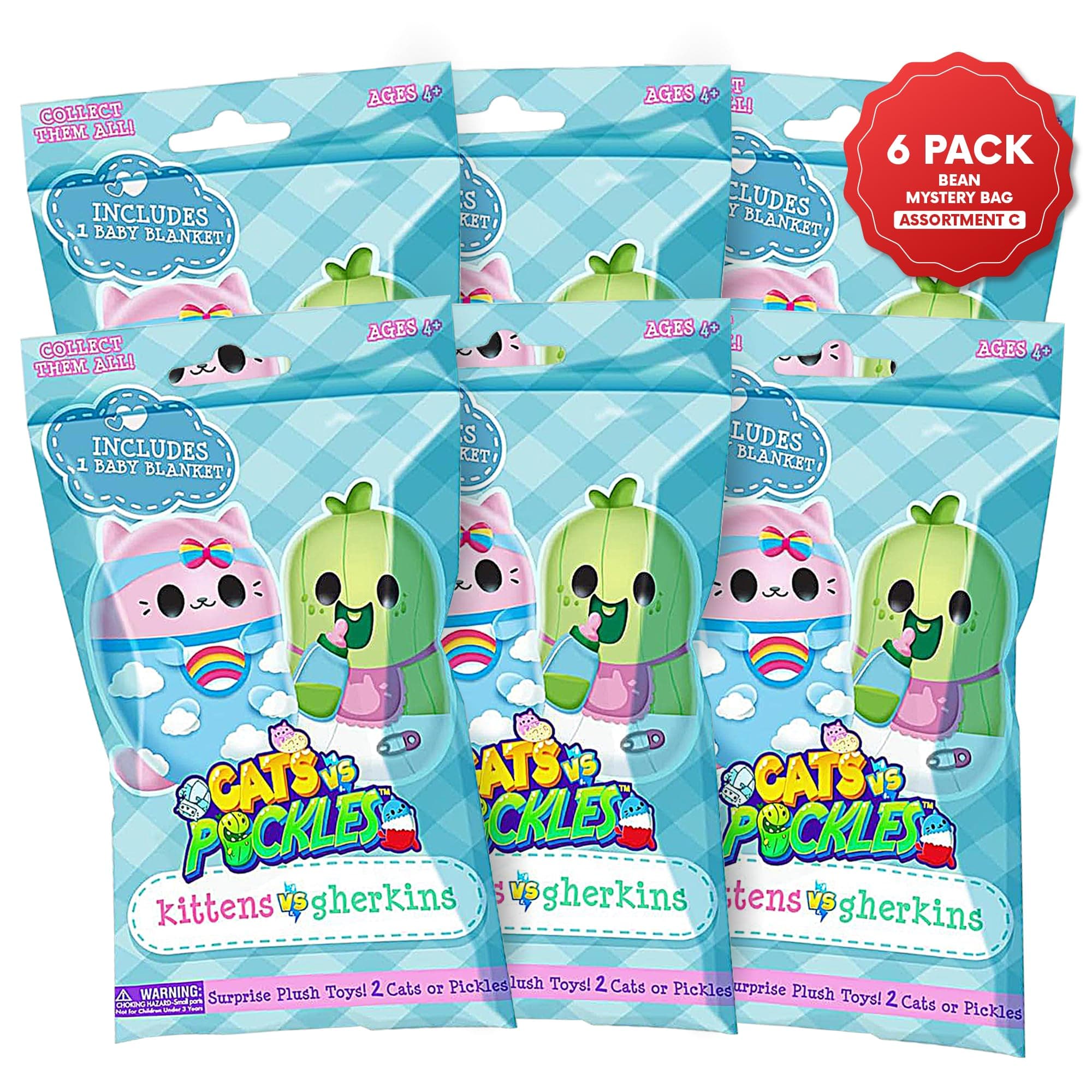 Cats vs Pickles Kittens vs Gherkins - Mystery Bags - Pack of 6-3 Inch Squishy Bean Filled Plushies! Collect These as Stocking Stuffers, Fidget Toys, or Sensory Toys - Great for Kids - Set C