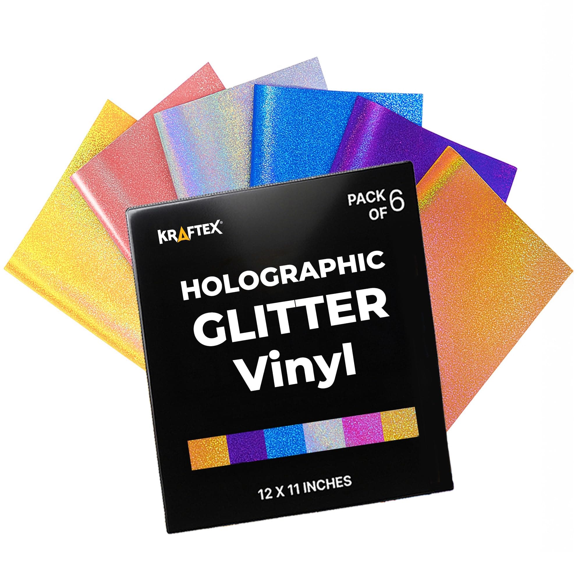 Permanent Glitter Vinyl for Cricut (6pk, 12 x 11 Inch) Sparkle Holographic Vinyl Adhesive Sheets for Oracle 651 with Metallic Rainbow Effect (Gold, Pink, Blue, Silver, Purple, Orange)