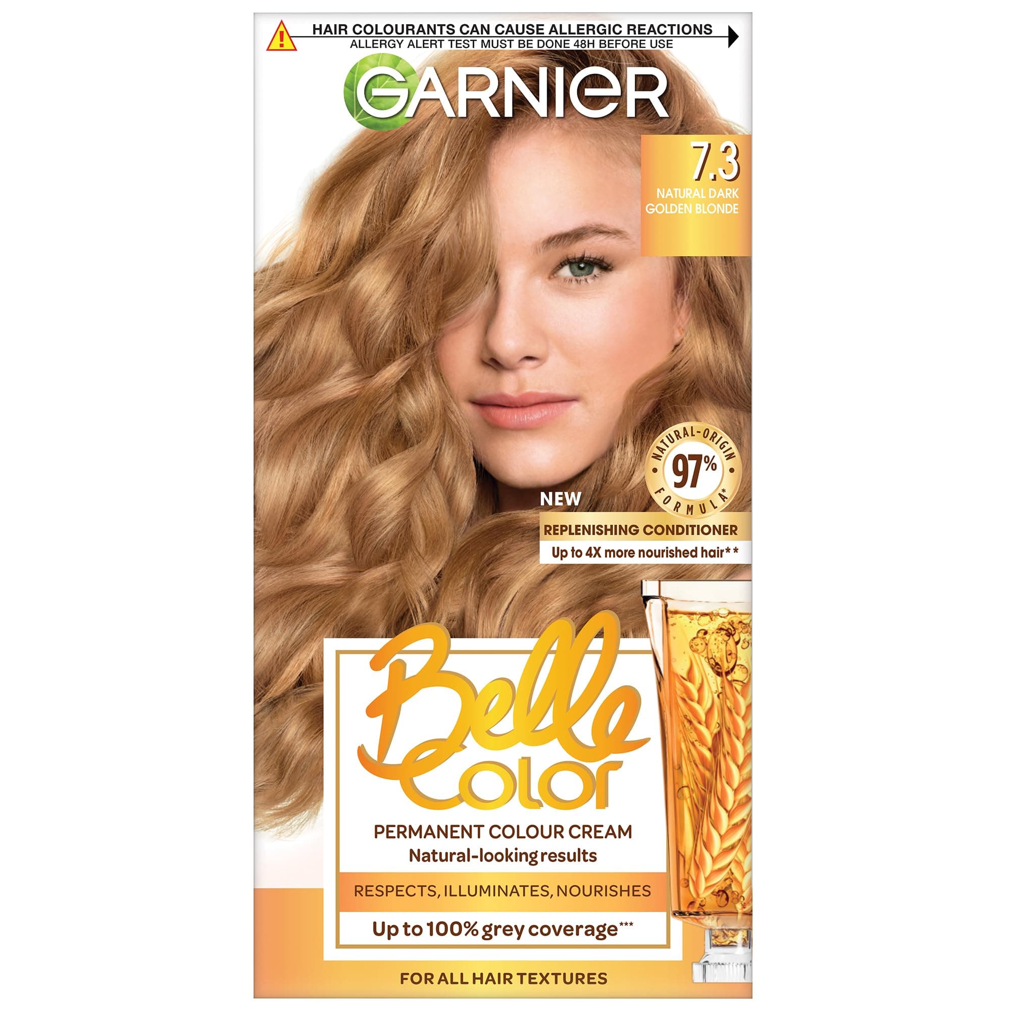 Garnier Belle Color Blonde Hair Dye Permanent, Natural looking Hair Colour, up to 100% grey coverage - 7.3 Natural Dark Golden Blonde Pack of 3