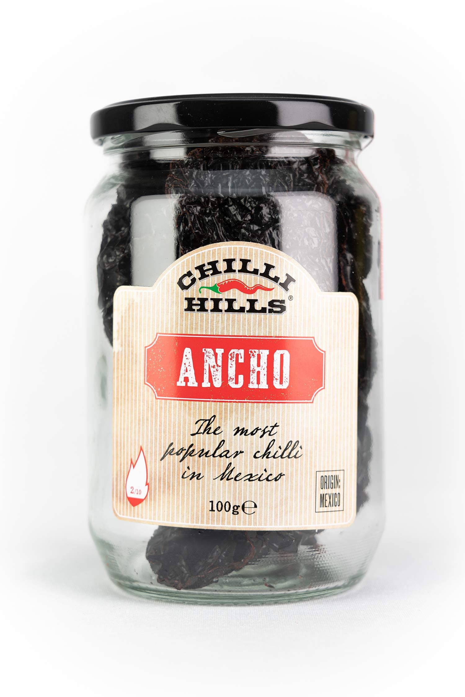 Chilli Hills ANCHO Dried Hot Chili Peppers. Worlds Finest and Hottest Chillies Grown in Our Family Farm and Precisely dehydrated to Preserve The Flavour. 100 Grams in a Glass Jar