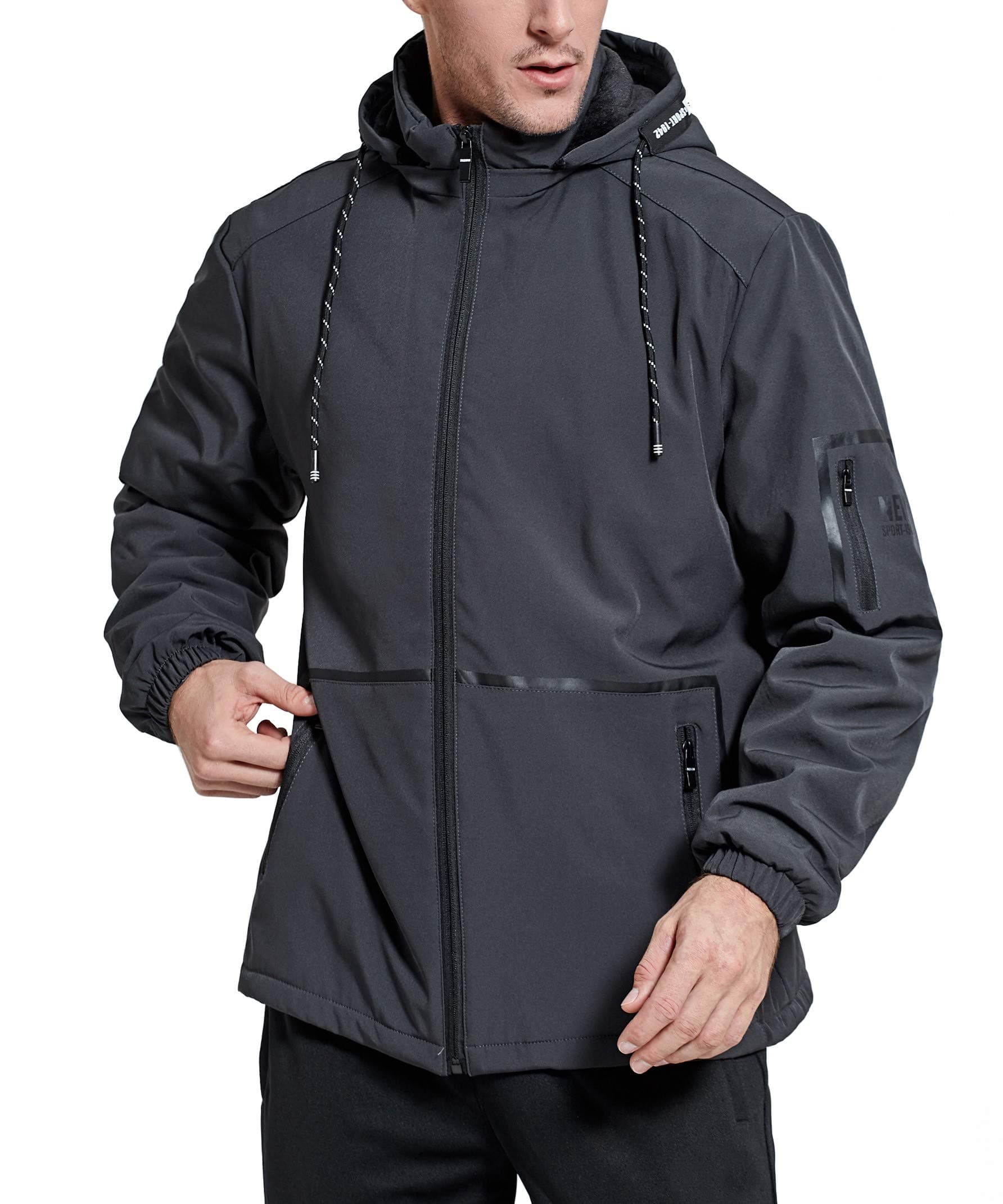 Men's Hooded Jacket Hiking Lightweight Fleece Lined Outdoor Waterproof Rain Coat Grey XL