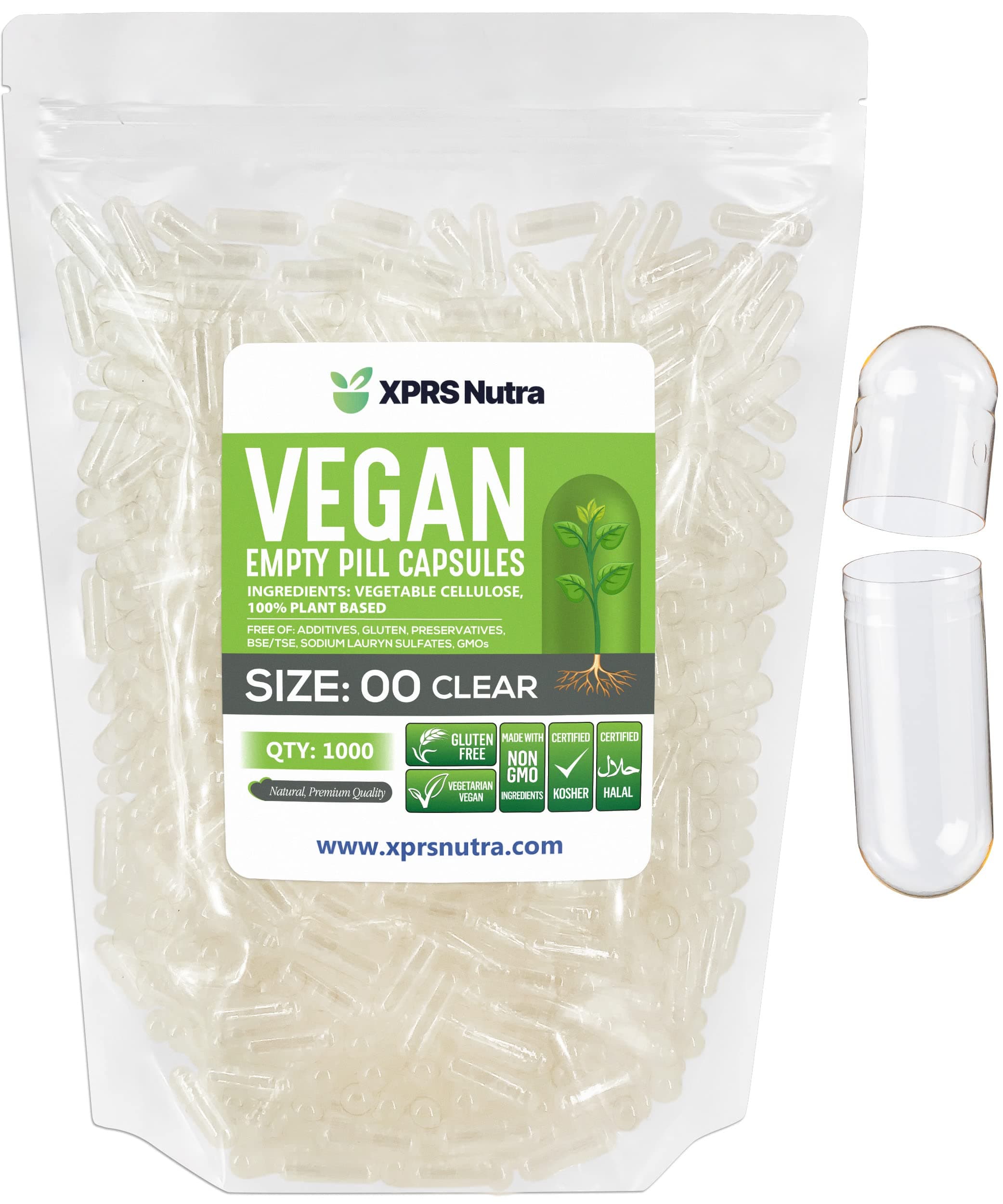 XPRS Nutra Size 00 Empty Capsules - 1000 Clear Count Empty Vegan Capsules - Vegetarian Empty Pills - DIY Vegetable Capsule Filling- Veggie Pill Caps