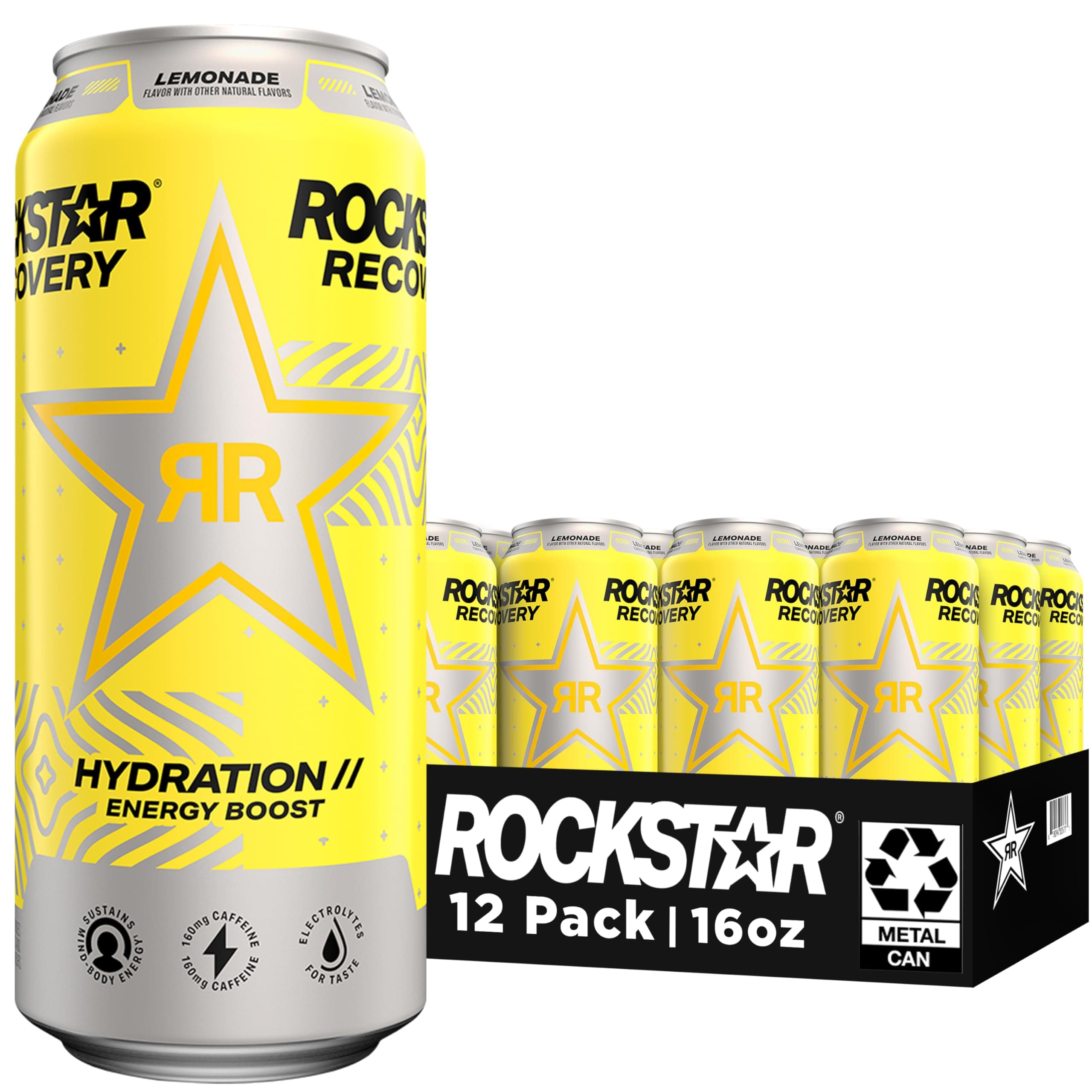 Rockstar Energy Drink with Caffeine Taurine and Electrolytes, Recovery Lemonade, 16oz (12 Pack) (Packaging May Vary)