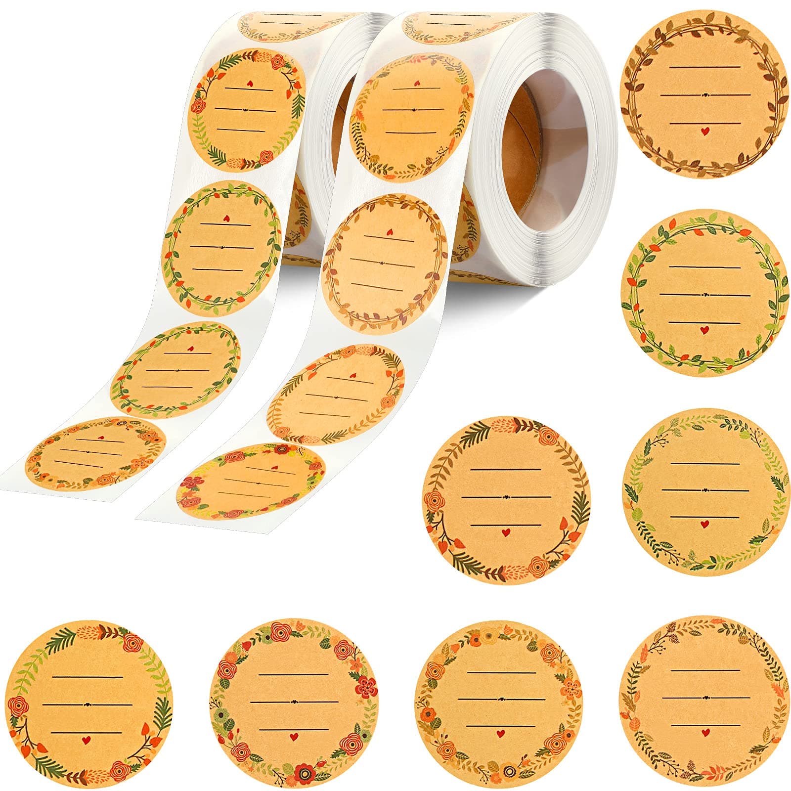 1000 Pieces Canning Jar Labels Stickers 1.5 Inch Natural Kraft Stickers Wreath Pattern with 3 Lines for Writing Round Canning Labels Jar Crafts