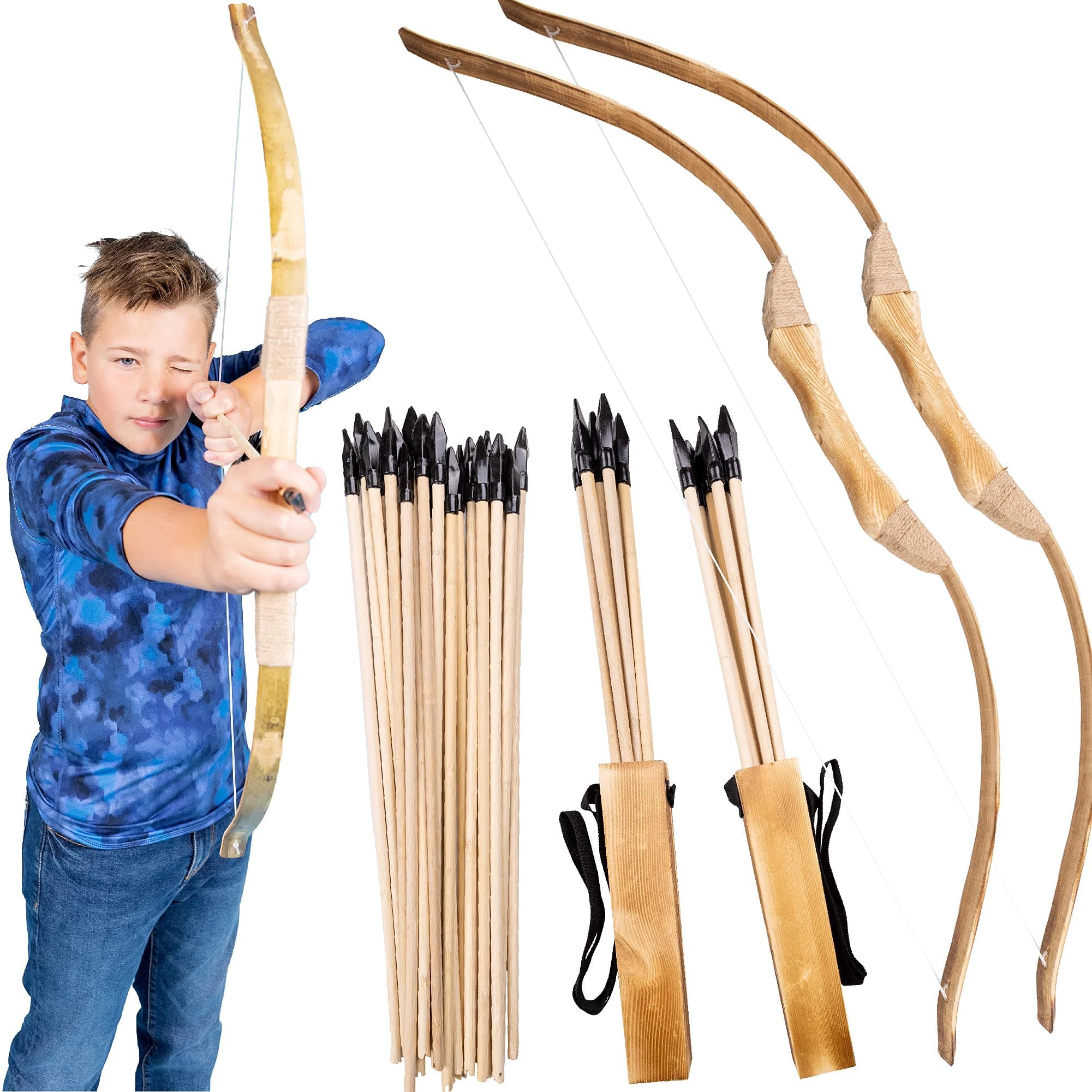 Island Genius Wooden Bow & Arrow Set for Kids, Archery Set for Boys Girls Youth, Kids Bow & Arrow Set 2 Bows 2 Quivers 20 Arrows, Cosplay Props Toys Bow & Arrow for Kids 8-12 6-8 10-12 Years Old & Up