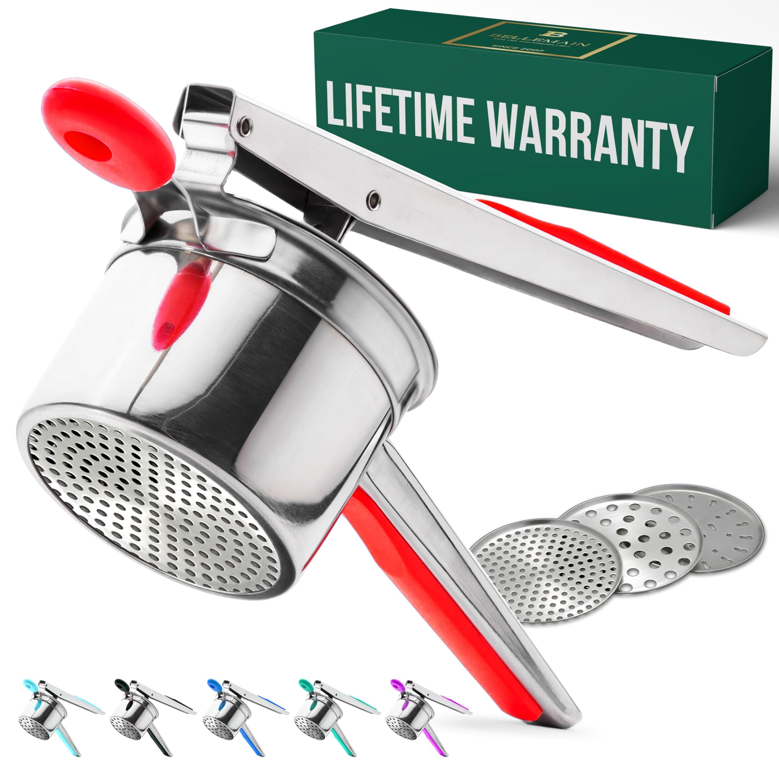 Bellemain 15 oz Large Potato Ricer | Heavy-Duty Stainless Steel Potato Ricer & Masher | Perfect for Mashed Potatoes | Kitchen Tool with 3 Interchangeable Discs