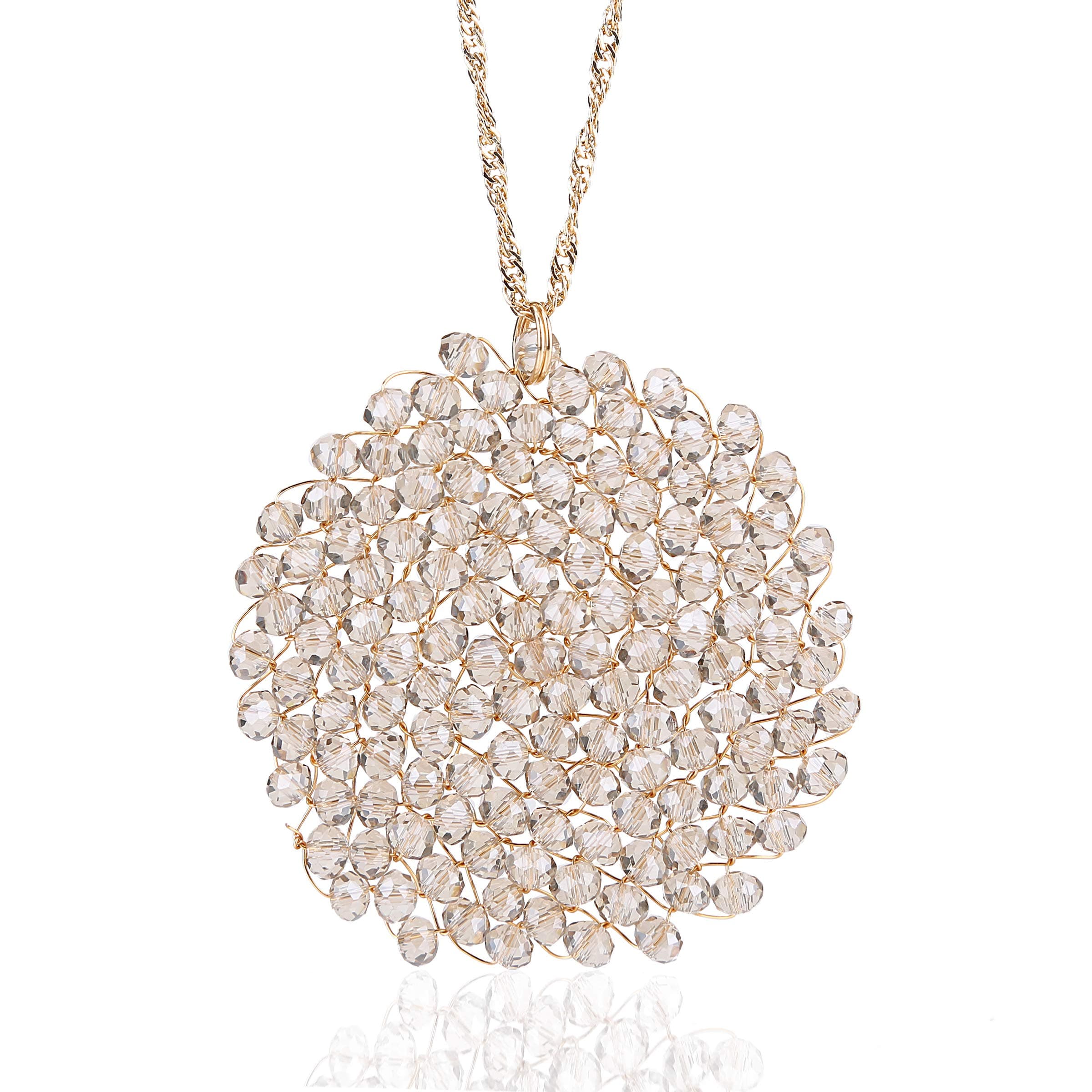 Handmade Crystal Circle Pendant Necklace for Women Disc Long Statement Necklaces with Box