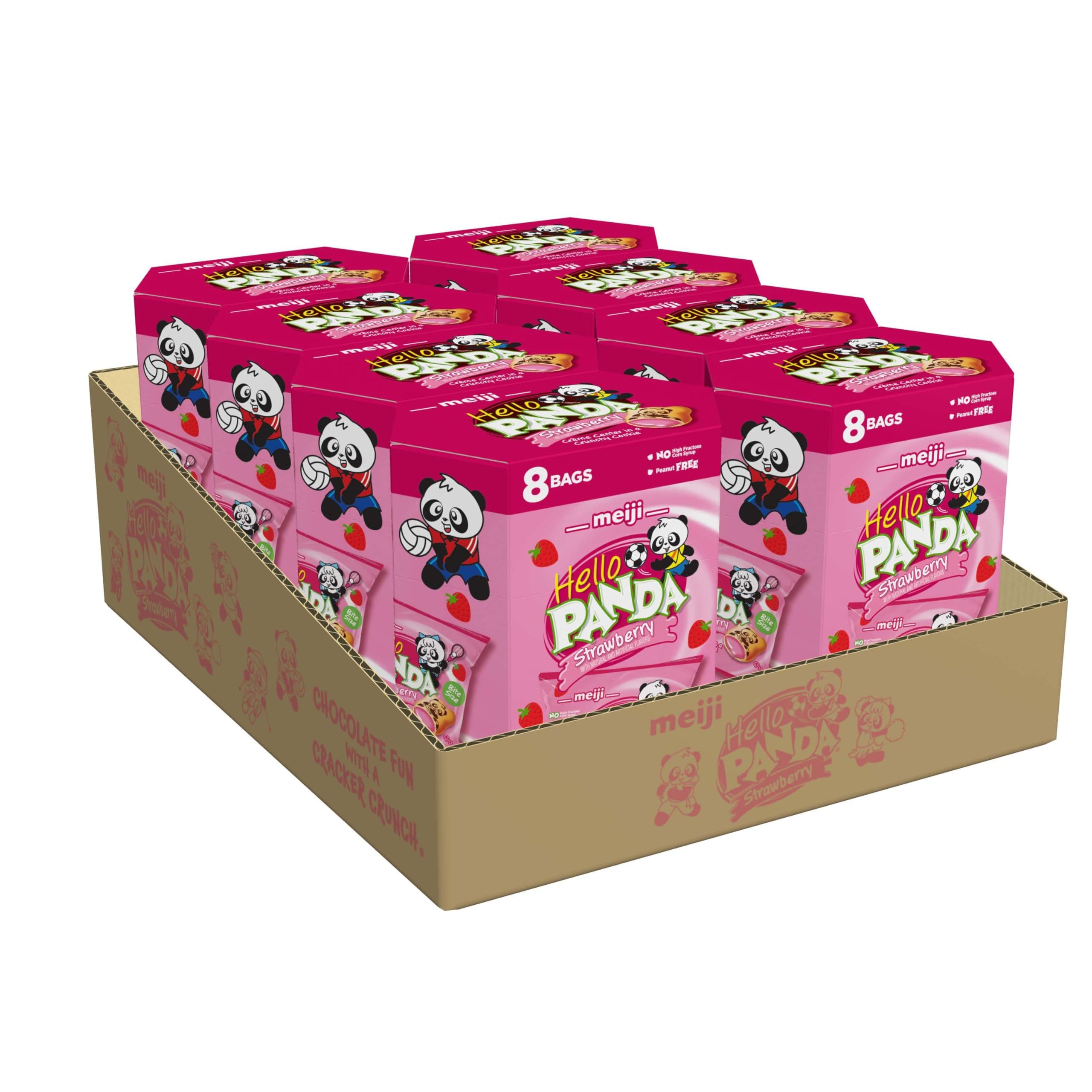 Hello Panda Cookies, Strawberry Crème Filled - 6 oz, Pack of 8, 64 Bags Total - Bite Sized Cookies with Fun Panda Sports