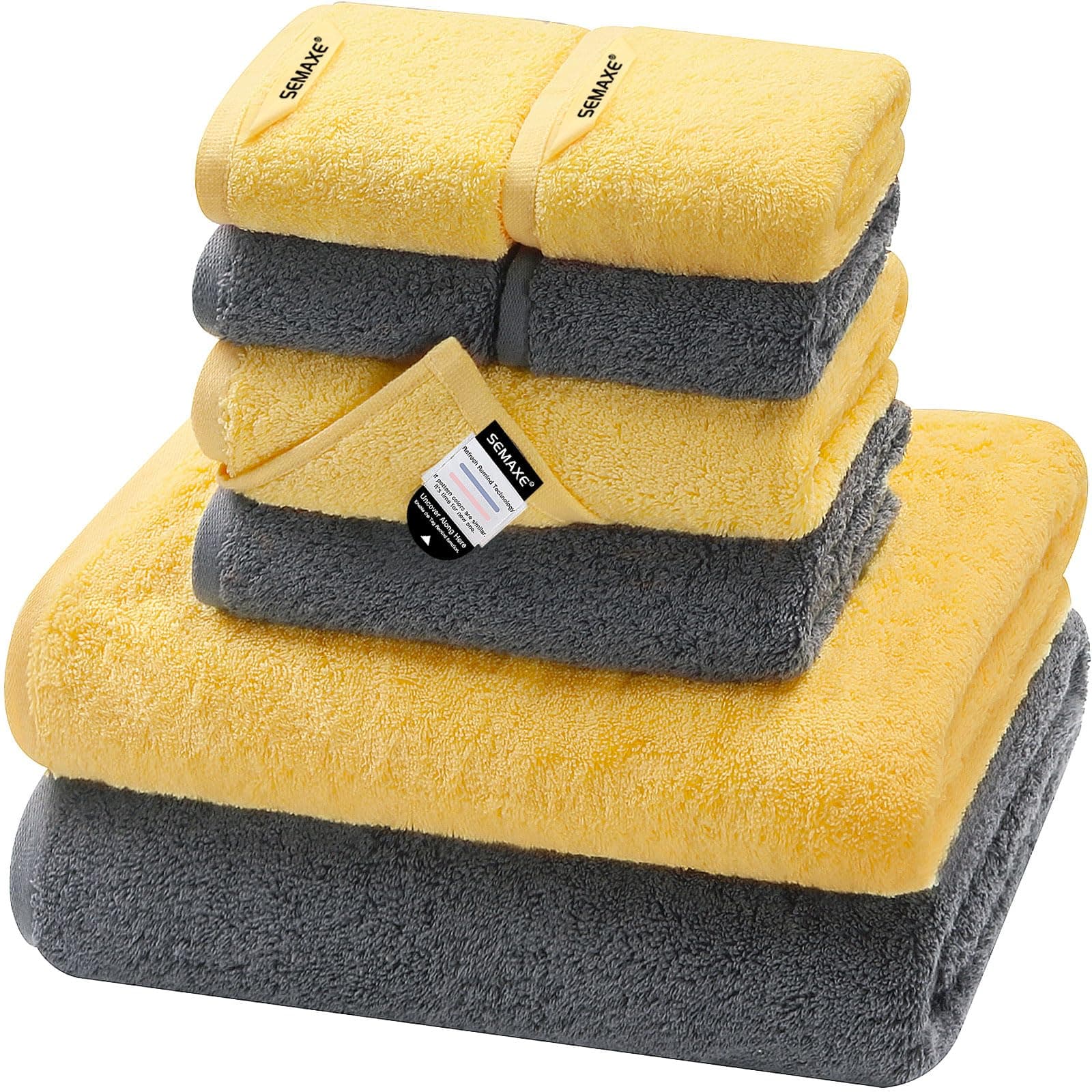 - Bath Towel Set, 100% Cotton Bathroom Towels with Hanging Loops, Soft & Absorbent, 8 Piece Towel Set Include 2 Bath Towels, 2 Hand Towels, 4 Washcloths, Yellow & Grey