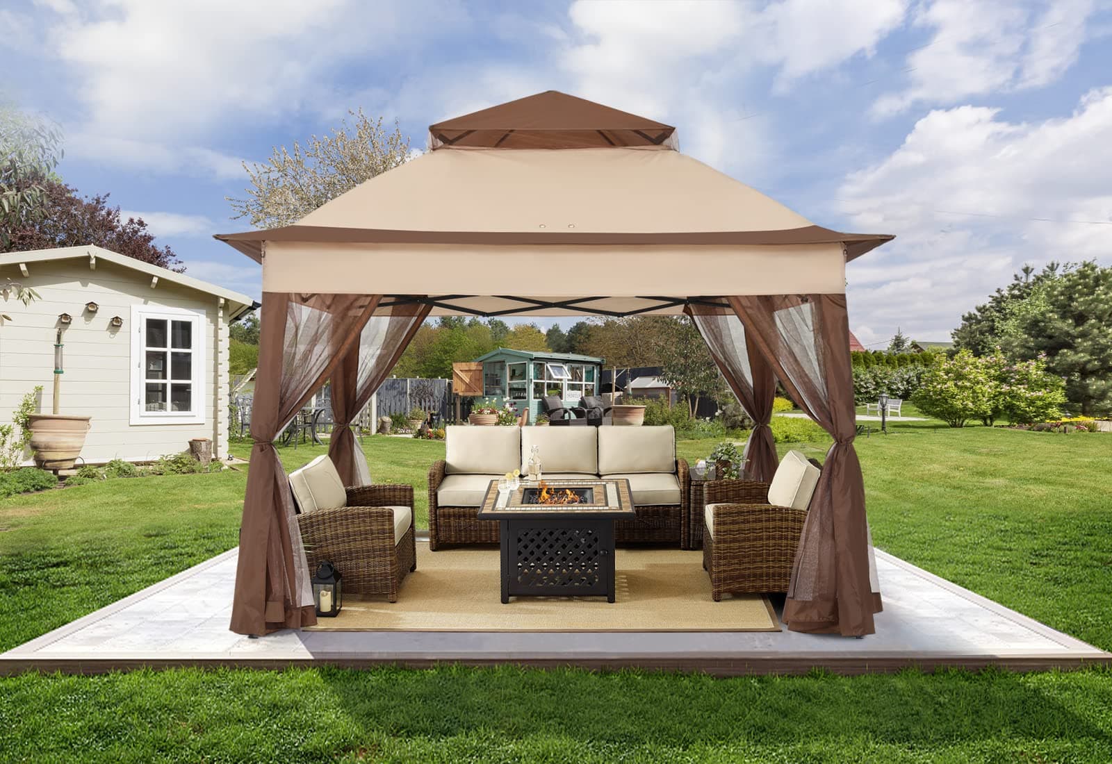 COOSHADE 11x11 Pop Up Gazebo Tent Outdoor Canopy Patio Shelter with Mosquito Netting(Beige)