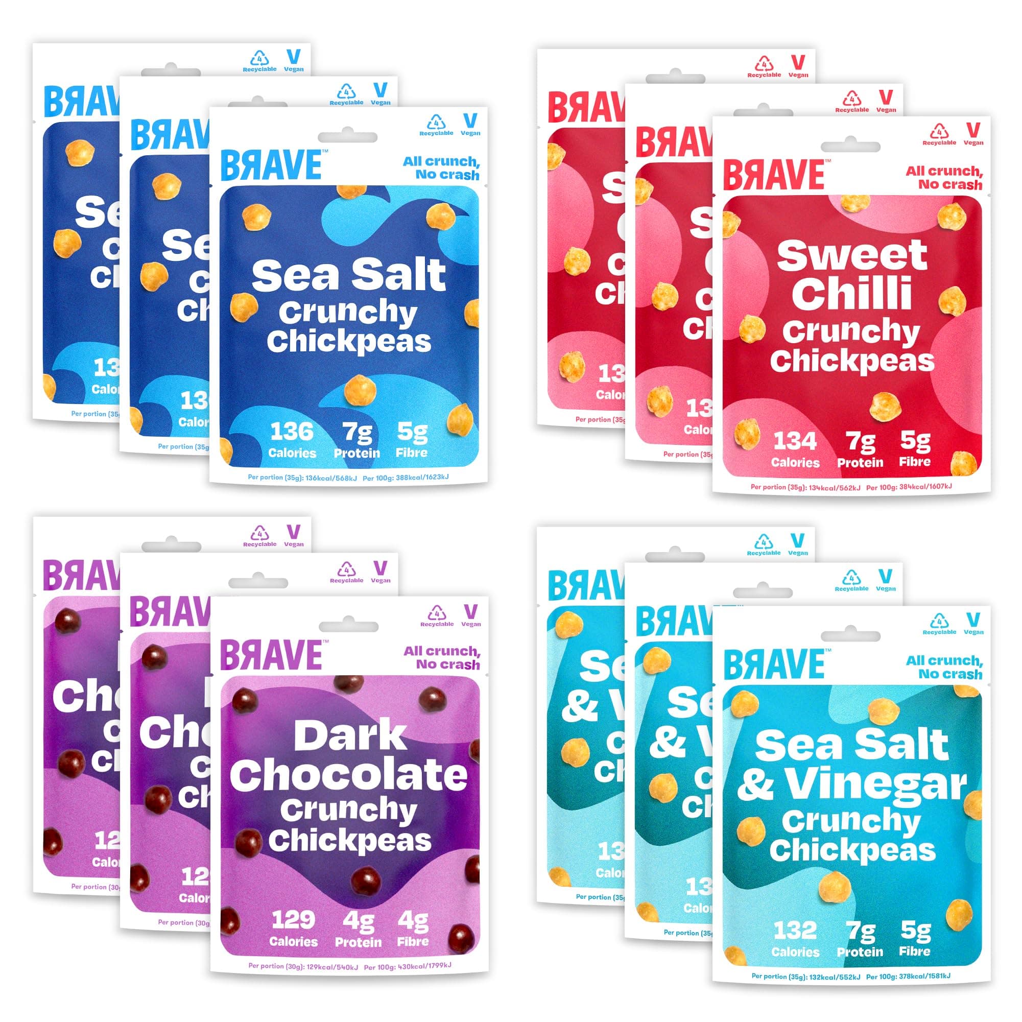 BRAVE Roasted Chickpeas: Healthy Snack, High Protein, Low Calorie - Variety Multipack (12 x 35g packs)