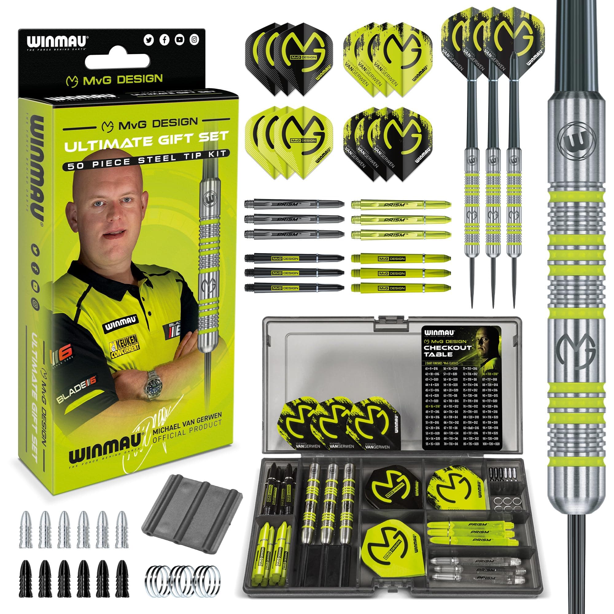 Darts Set Michael Van Gerwen MvG Steeltip or Soft Tip Gift Case - 50 Piece Dart Set | 90% Tungsten Darts | 4 x Shafts | 4 x Flights | Accessories
