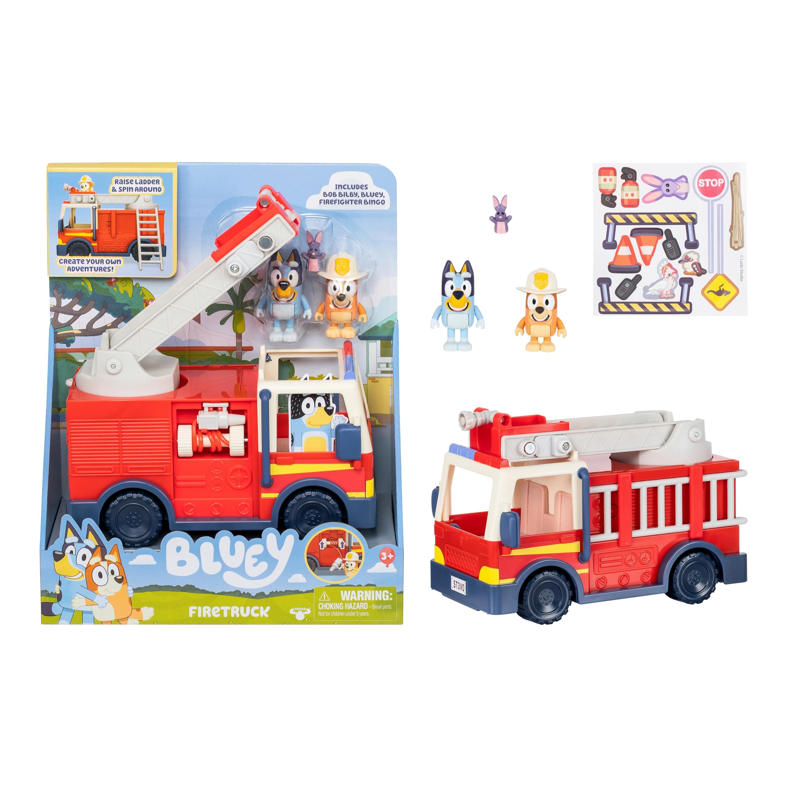 Bluey Firetruck, Firetruck, Exclusive Firefighter Bingo and Bob Bilby Figures Raise The Ladder, Spin It Around and Roll Out The Hose Includes Sticker Sheet