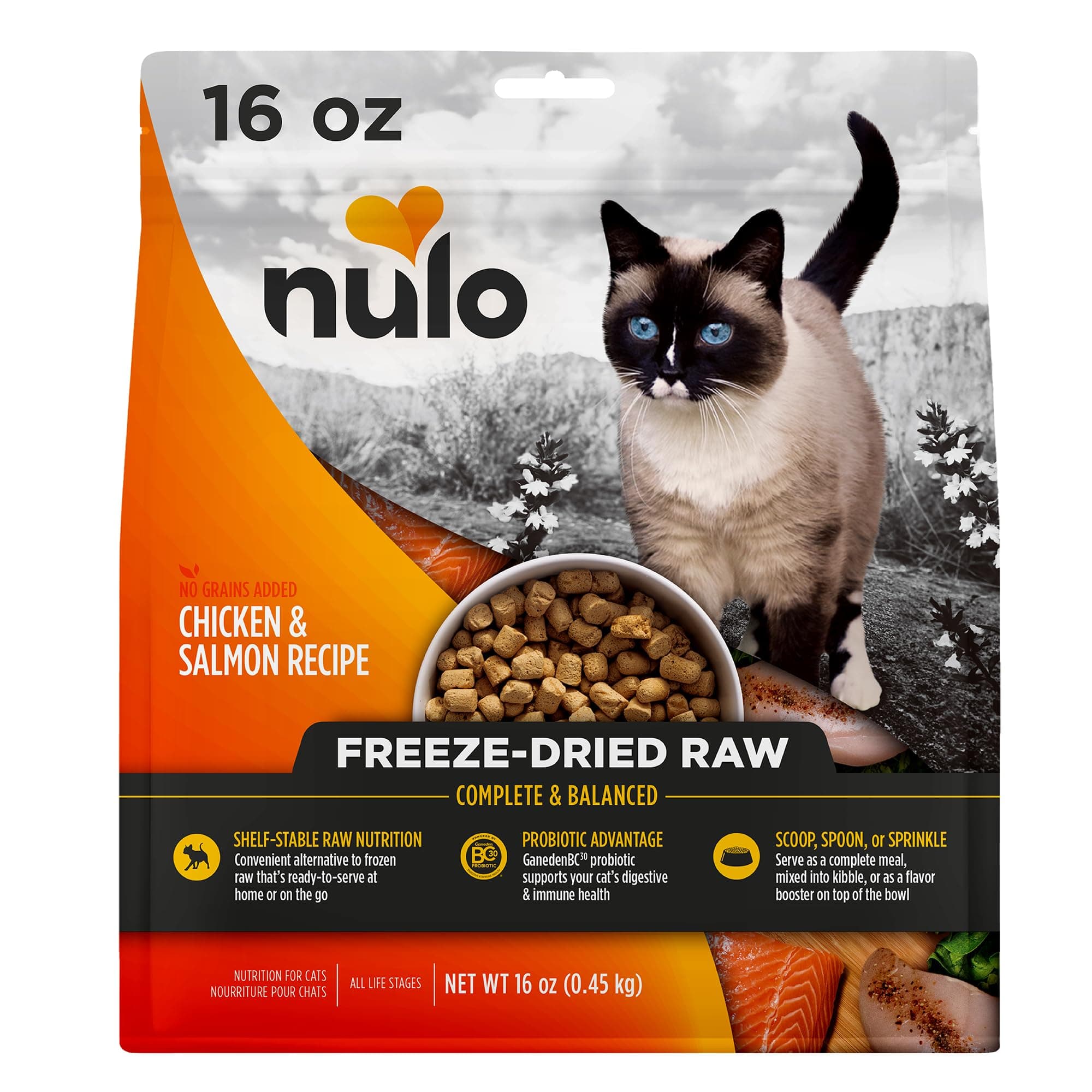 Nulo Freestyle Freeze-Dried Raw, Ultra-Rich Grain-Free Dry Cat Food for All Breeds and Life Stages with BC30 Probiotic for Digestive and Immune Health, Chicken & Salmon, 16 Ounce