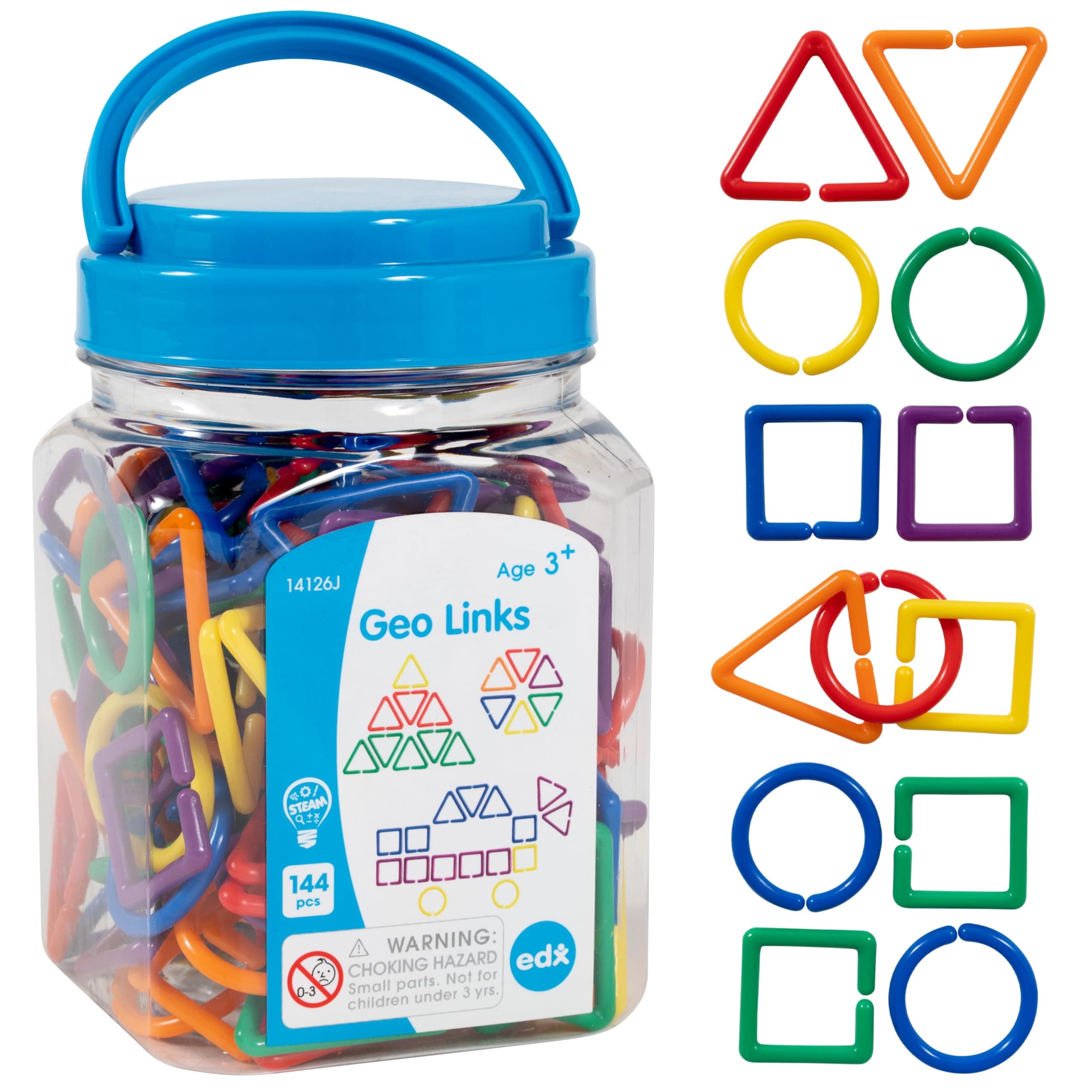 edxeducation Geo Links - Mini Jar - Set of 144 - Linking Shapes - 6 Colors - Practice Shape Recognition, Counting, Sorting and More