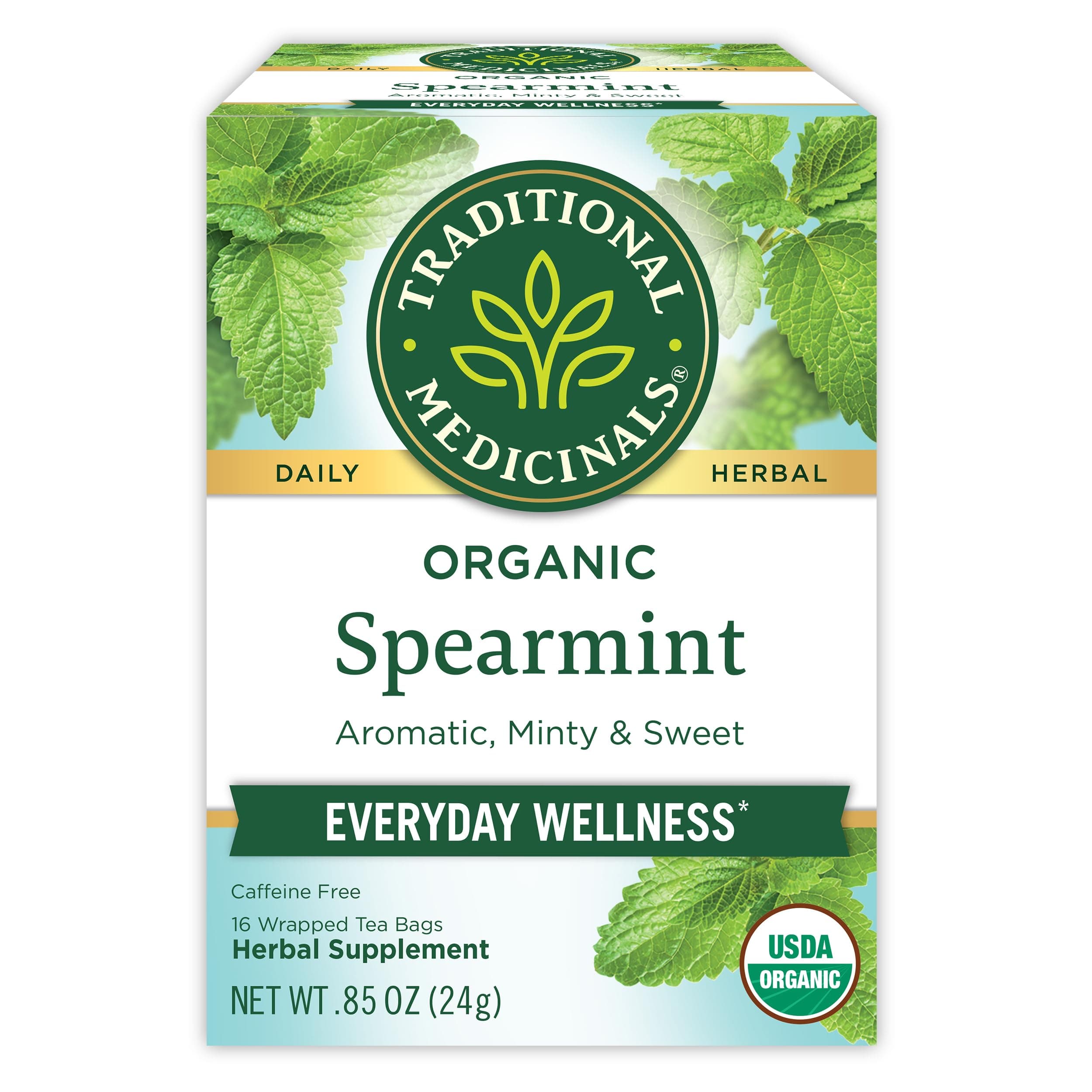 Traditional Medicinals Organic, Spearmint Tea - Supports Everyday Wellness, Healthy & Refreshing - Kosher, Non-GMO, Caffeine-Free, Compostable - 16 Tea Bags