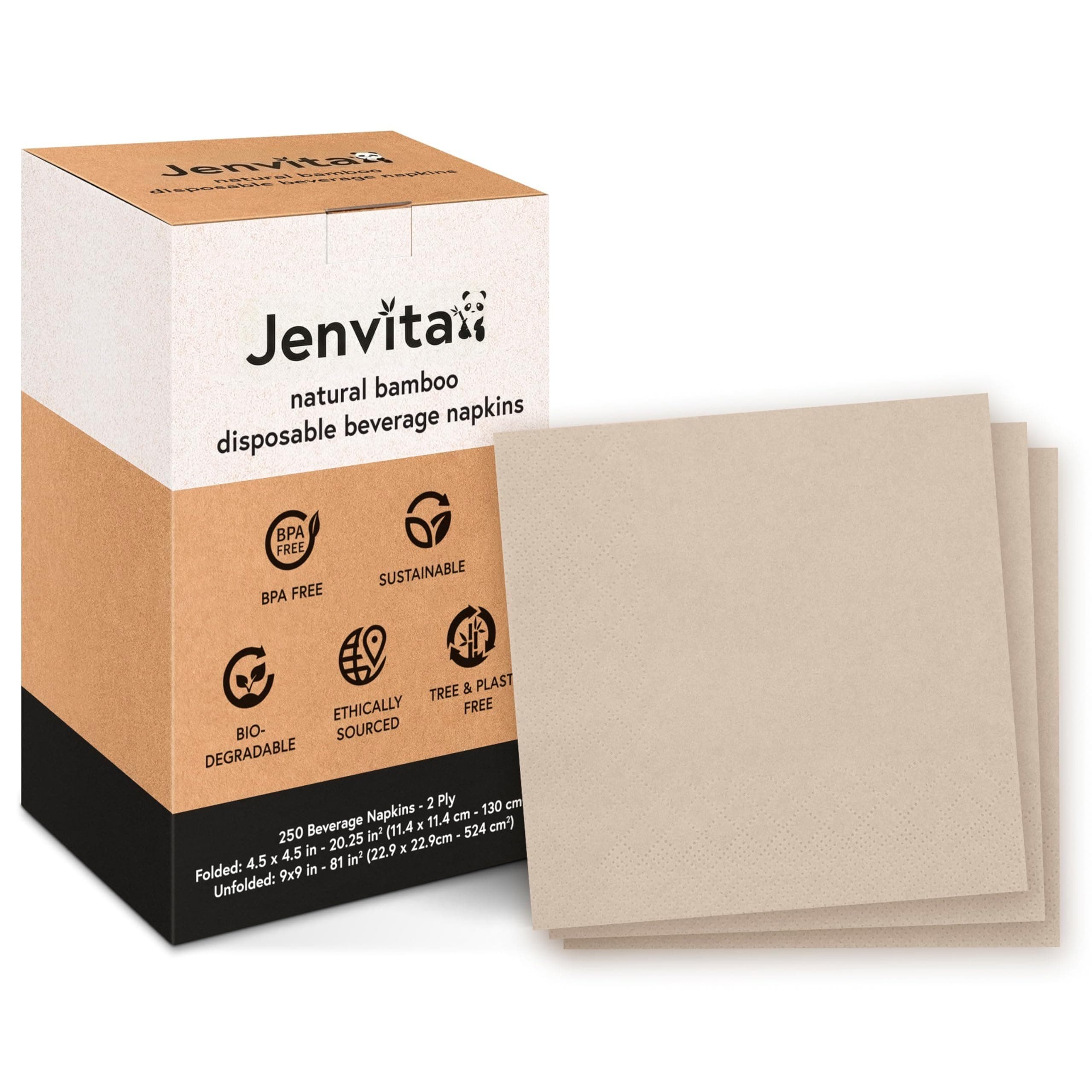 Jenvita 100% Bamboo Wedding Cocktail Napkins Disposable (250 Pack) | 2-Ply FSC Certified | Compostable Bar Napkins for Party, Home or Commercial Use | 4.5 x 4.5 Inch Folded | Ideal for Serving Drinks
