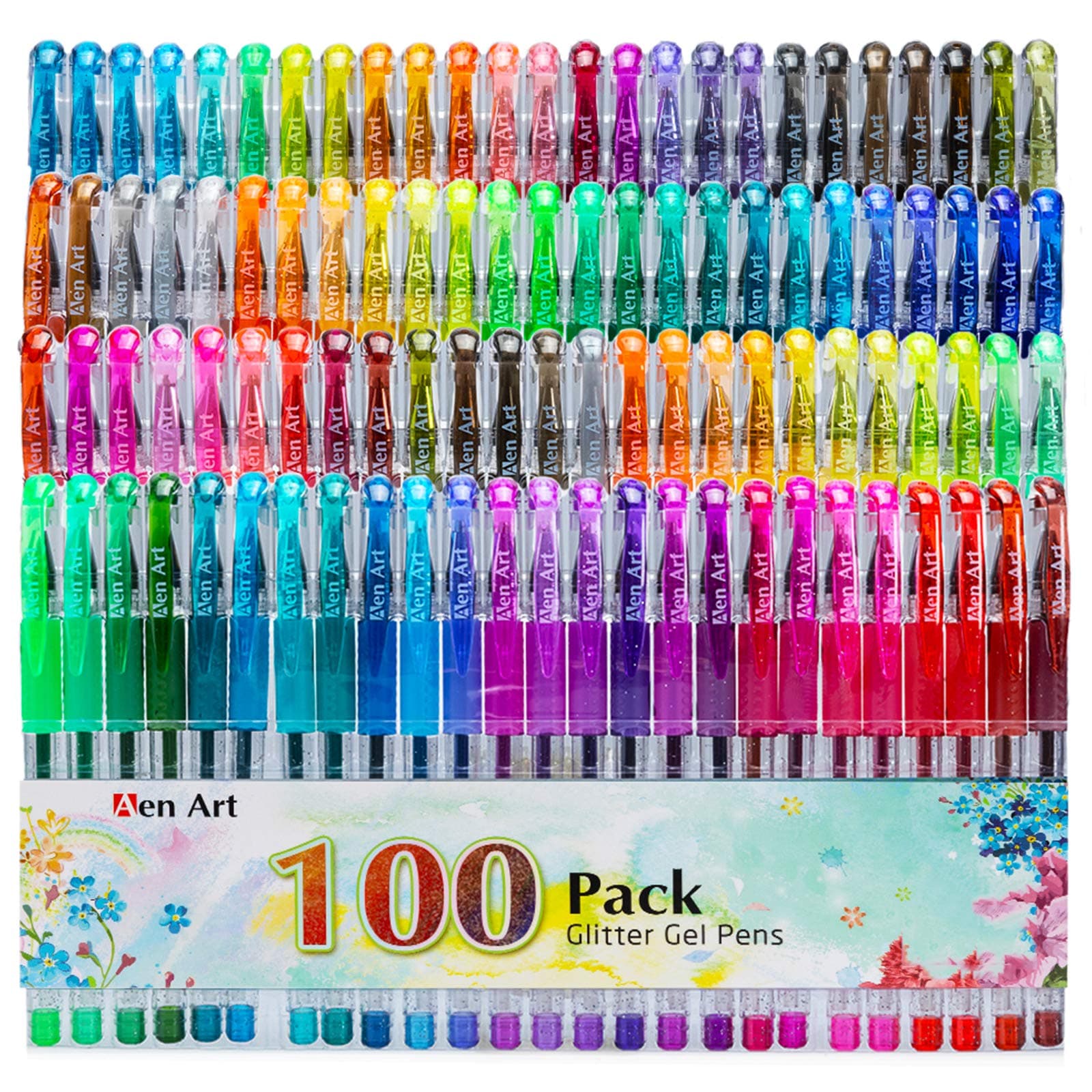 Aen Art 100 Colors Glitter Gel Pen Set, 30% More Ink Neon Glitter Coloring Pens Marker for Adult Coloring Books Bullet Journal Crafting Doodling Drawing