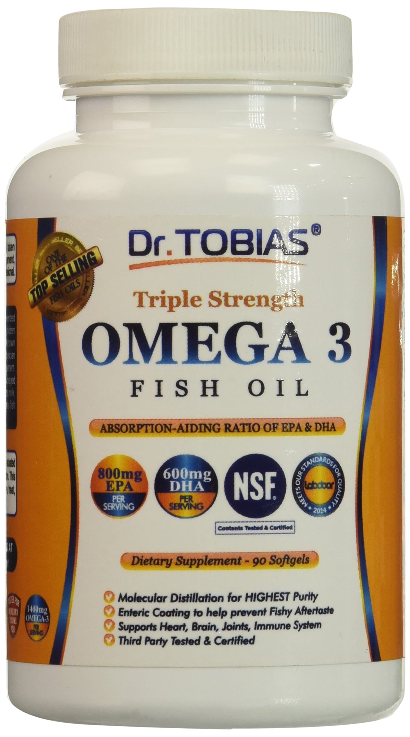 Dr. Tobias Omega 3 Fish Oil Triple Strength, Burpless, Non-GMO, NSF-Certified with Enteric Coating, 90 Count