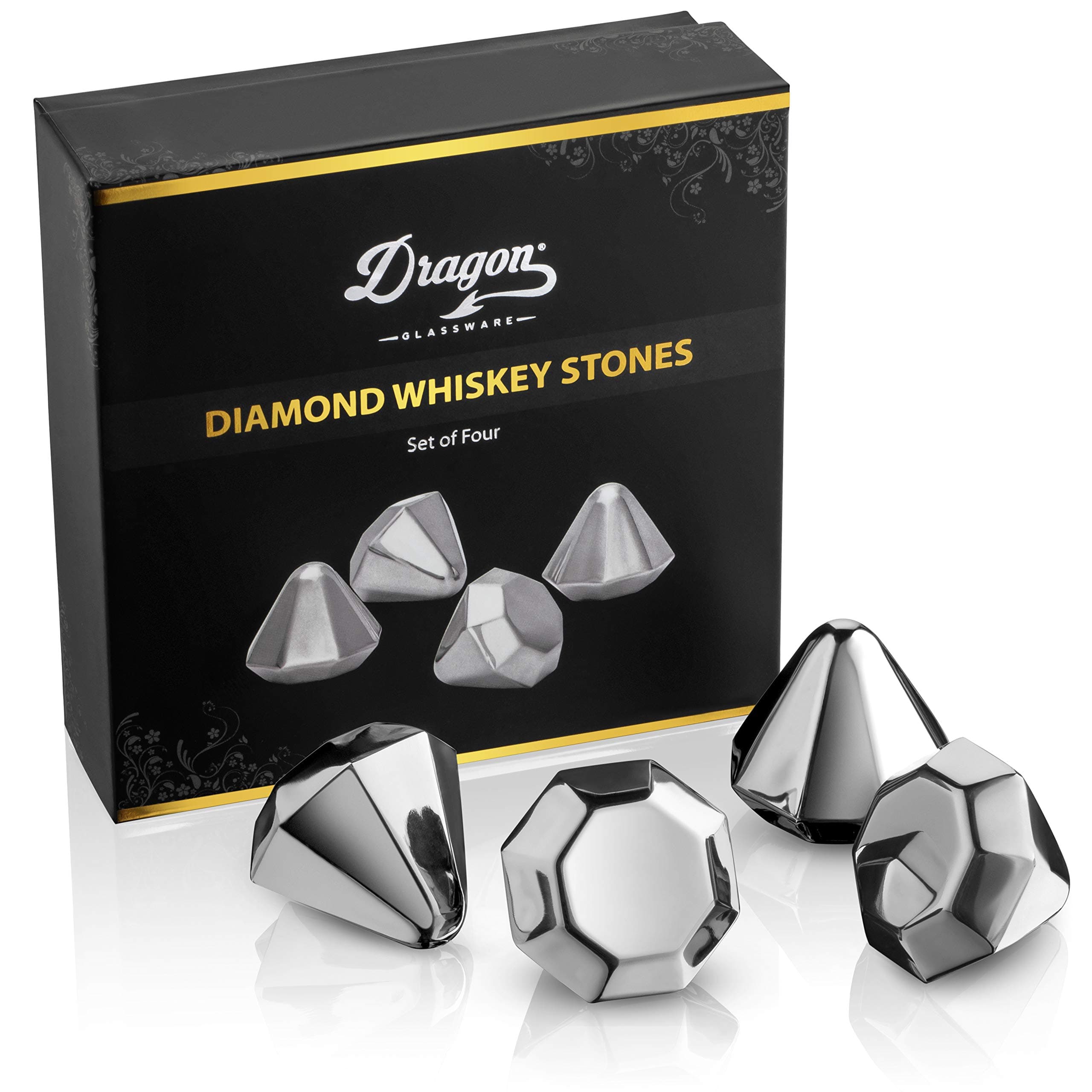 Dragon Glassware Reusable Stainless Steel Ice Cubes for Drinks - Set of 4 Diamond Shaped Whiskey Stones - Dishwasher Safe - Reusable Metal Ice Cube & Won't Dilute Your Beverage