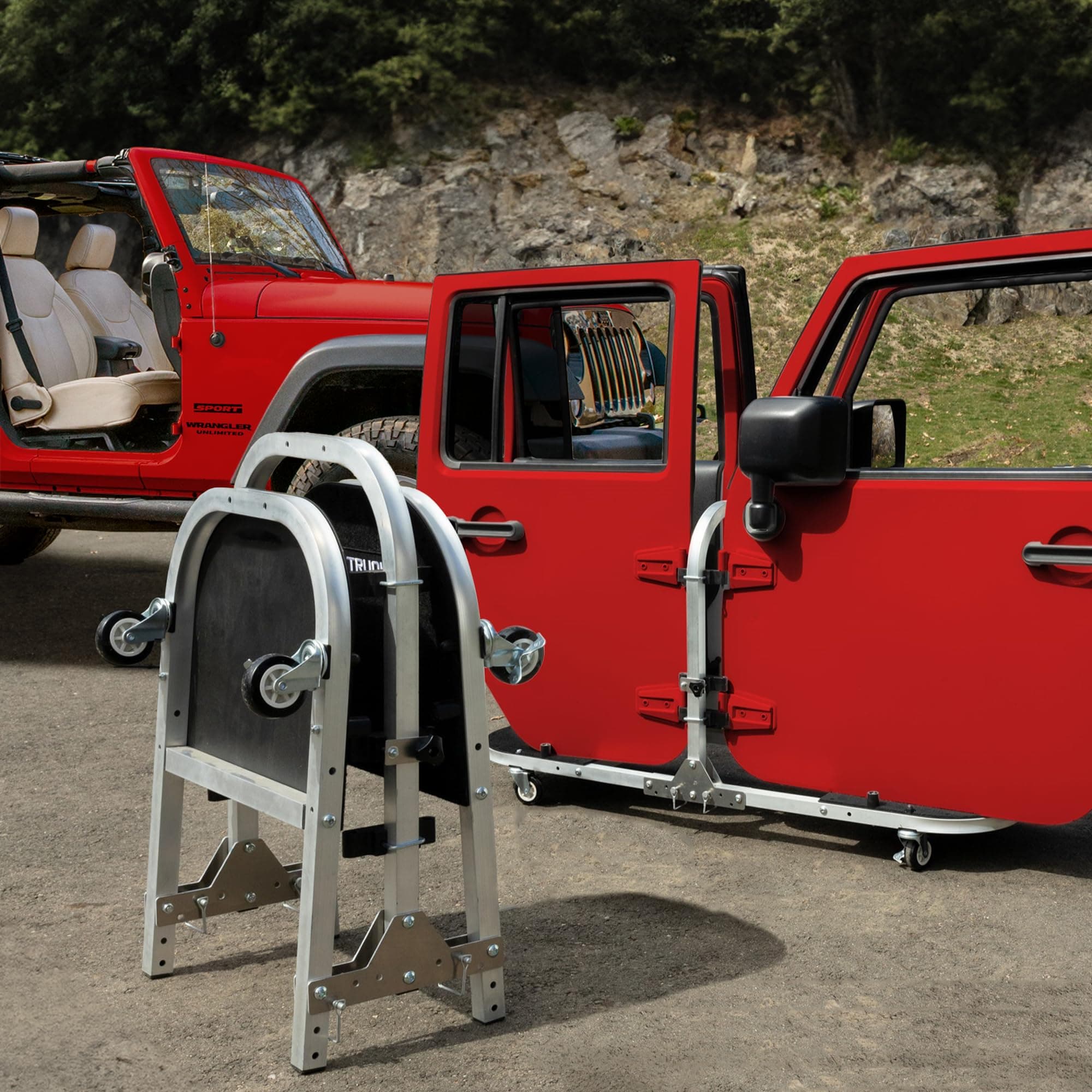 EZ4X4 Aluminum-Silver 4 Door Folding Rolling Door Cart, Storage Door Rack Holder Stand fits Jeep® Wrangler JL JLU JK JKU TJ YJ and Gladiator JT Patented