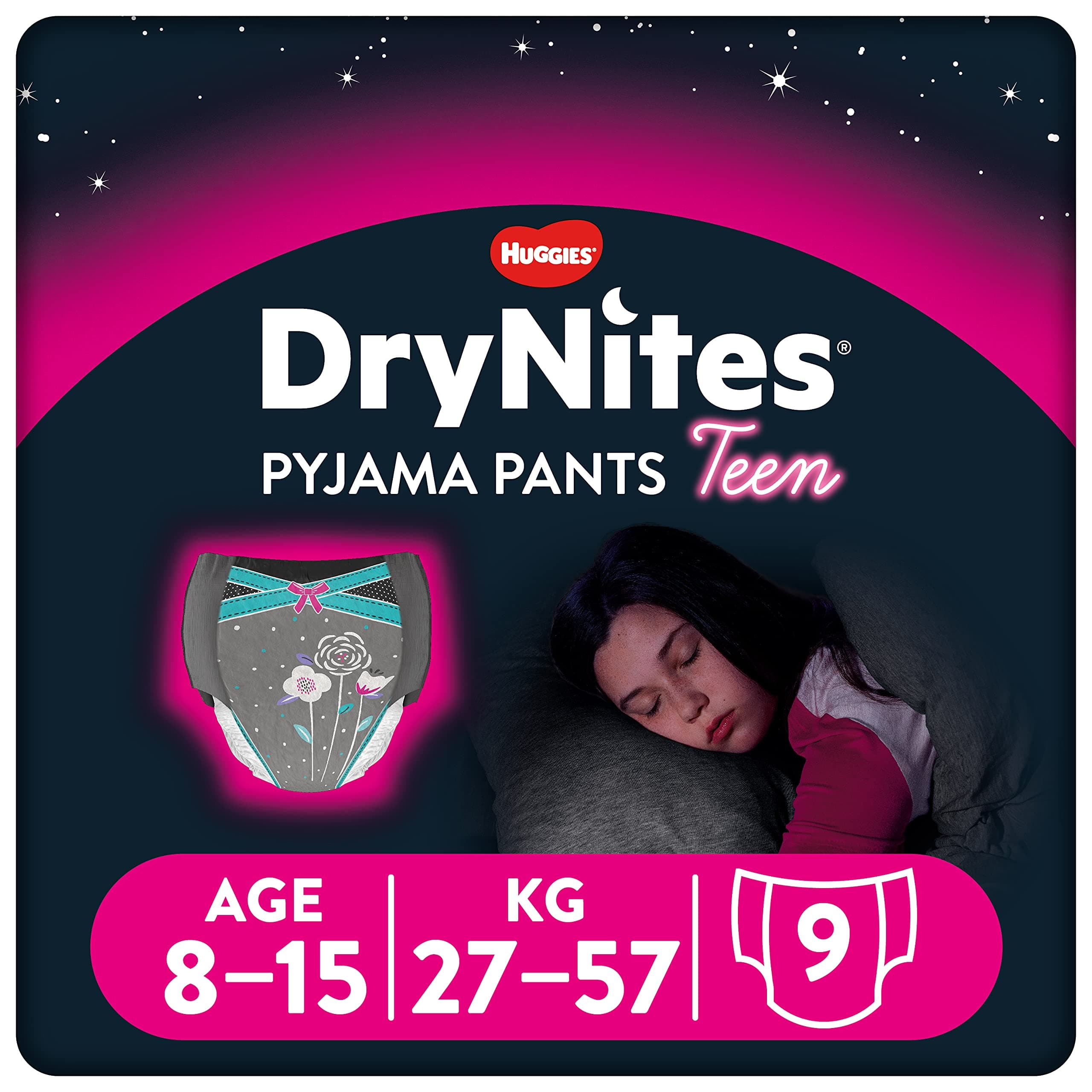 Huggies DryNites, Girls’ Teen Pyjama Pants - Sizes 8-15 Years - Discreet Night Time Underwear with Exciting Designs - Maximum Protection for Teen Bed Wetting, (9 Pants)